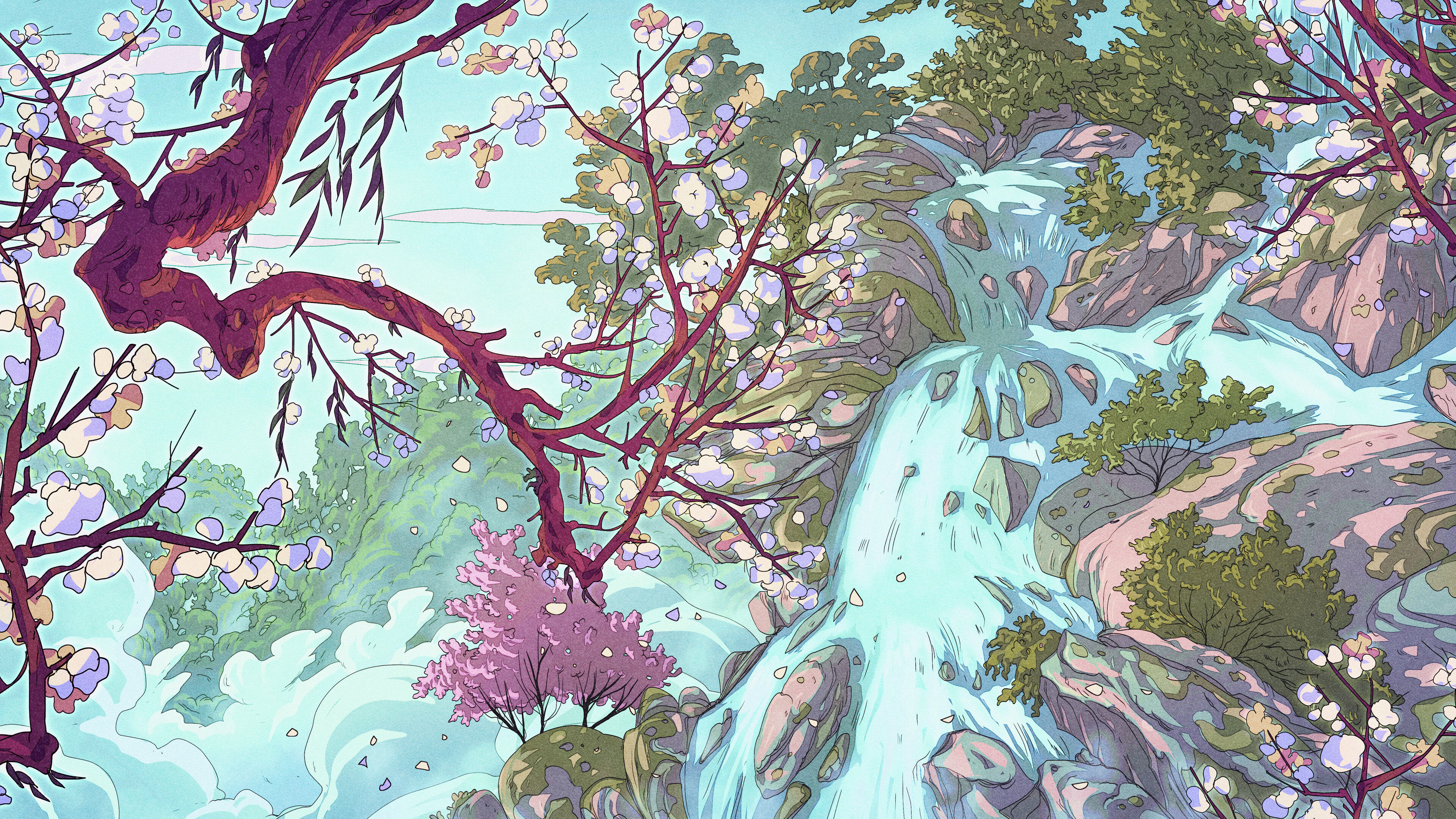 Free download AI Art Fantasy Art Waterfall Petals Water 4K Wallpaper, Wallpaper(s) website provided.