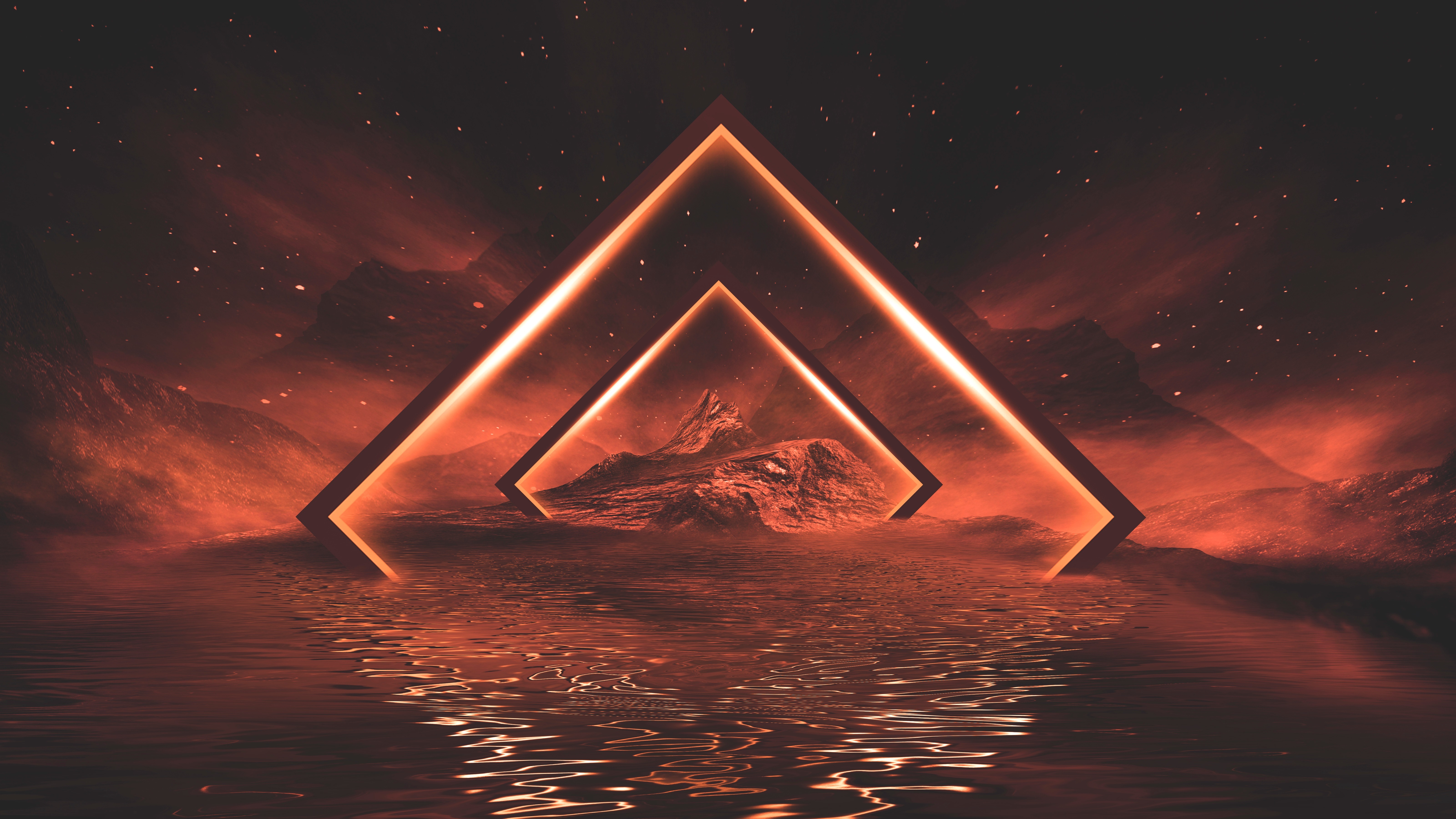 Free download abstract concept art reflection landscape water neon light mountain night orange mist 4K wallpaper, Wallpaper(s) website provided.