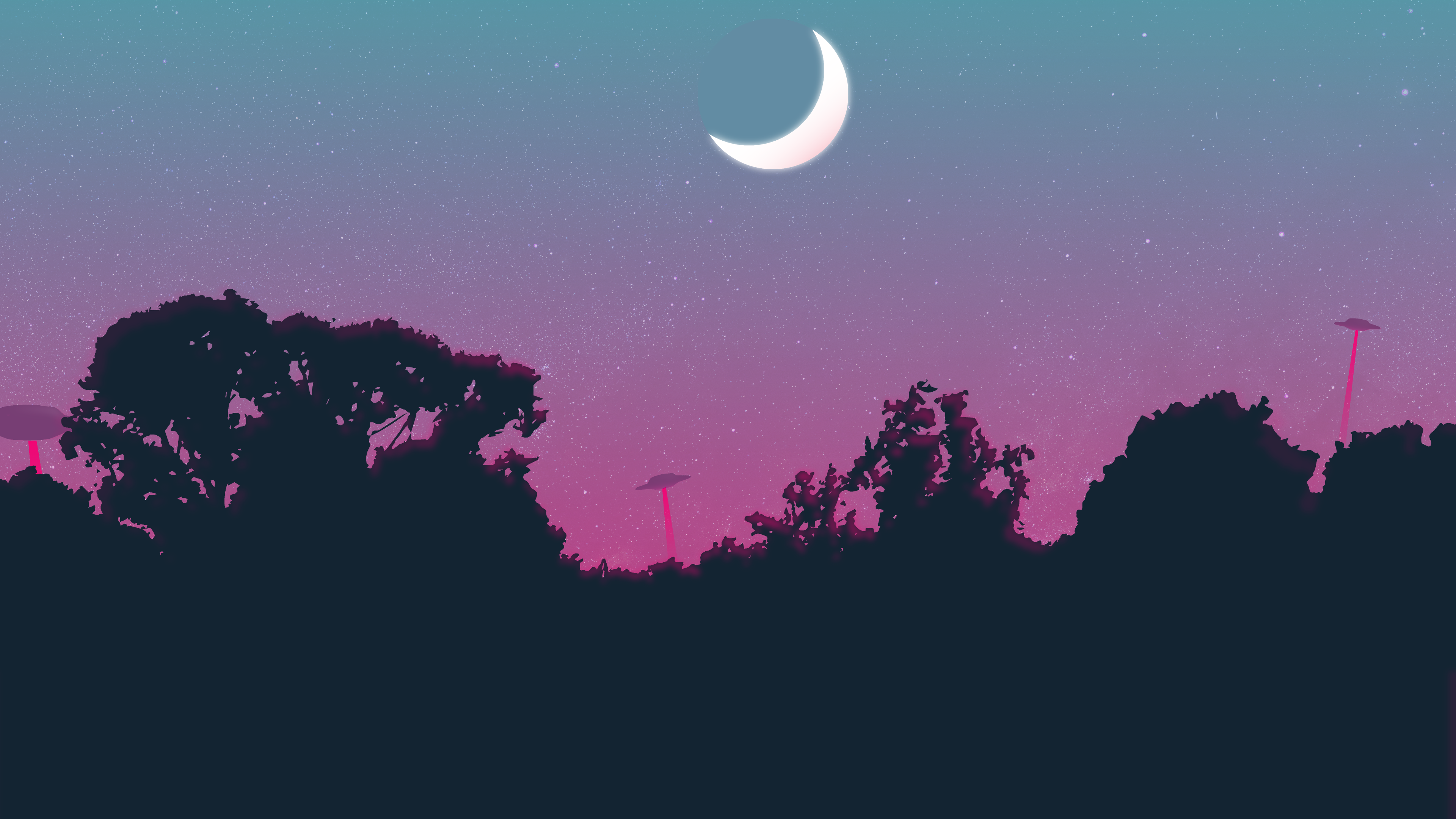 Free download Starry Night UFOs Trees Alien Invasion AI Art Moon Silhouette 4K Wallpaper, Wallpaper(s)