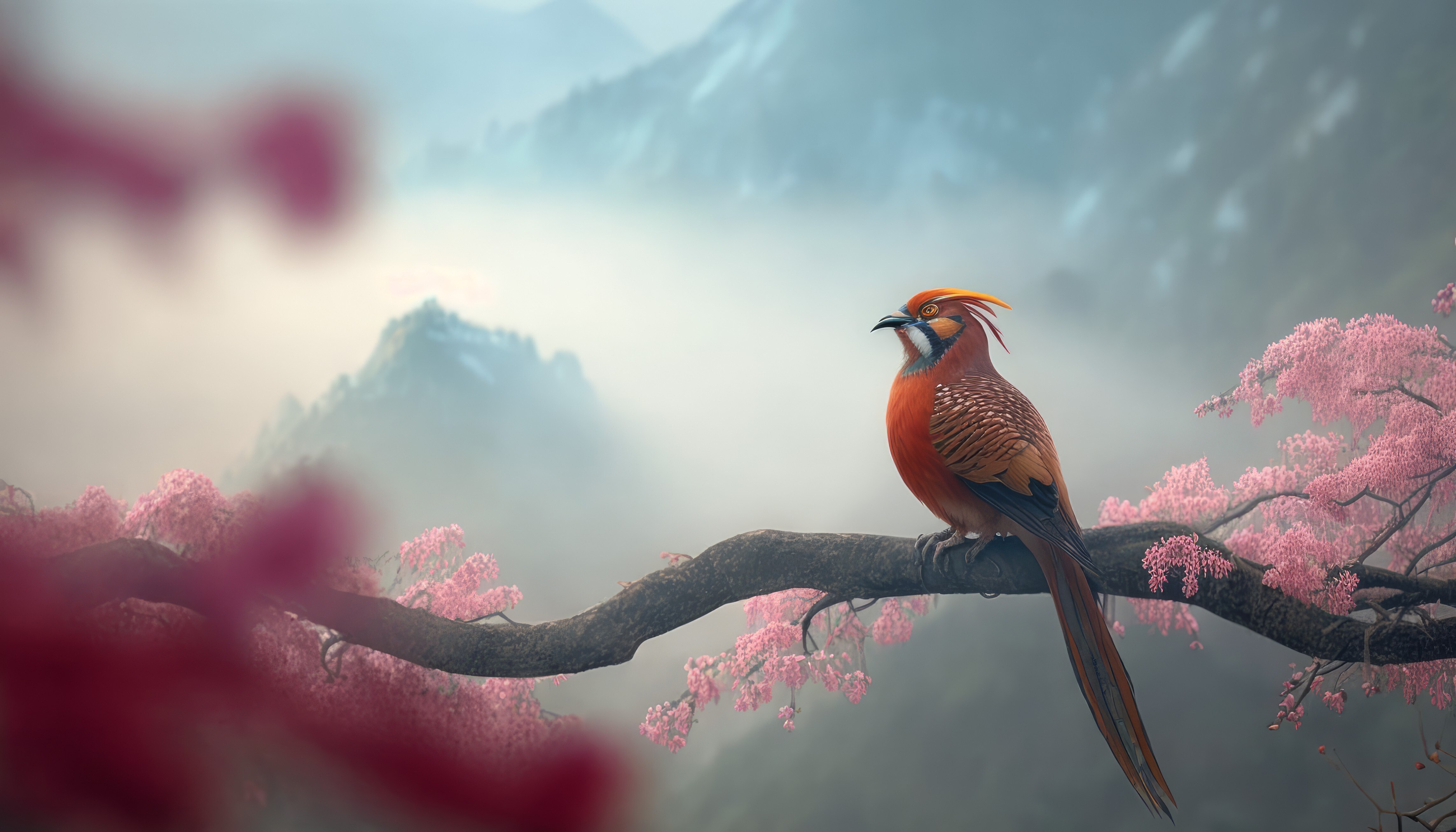 Free download Birds Illustrations Animals Branches Nature Flowers 4K Wallpaper, Wallpaper(s)