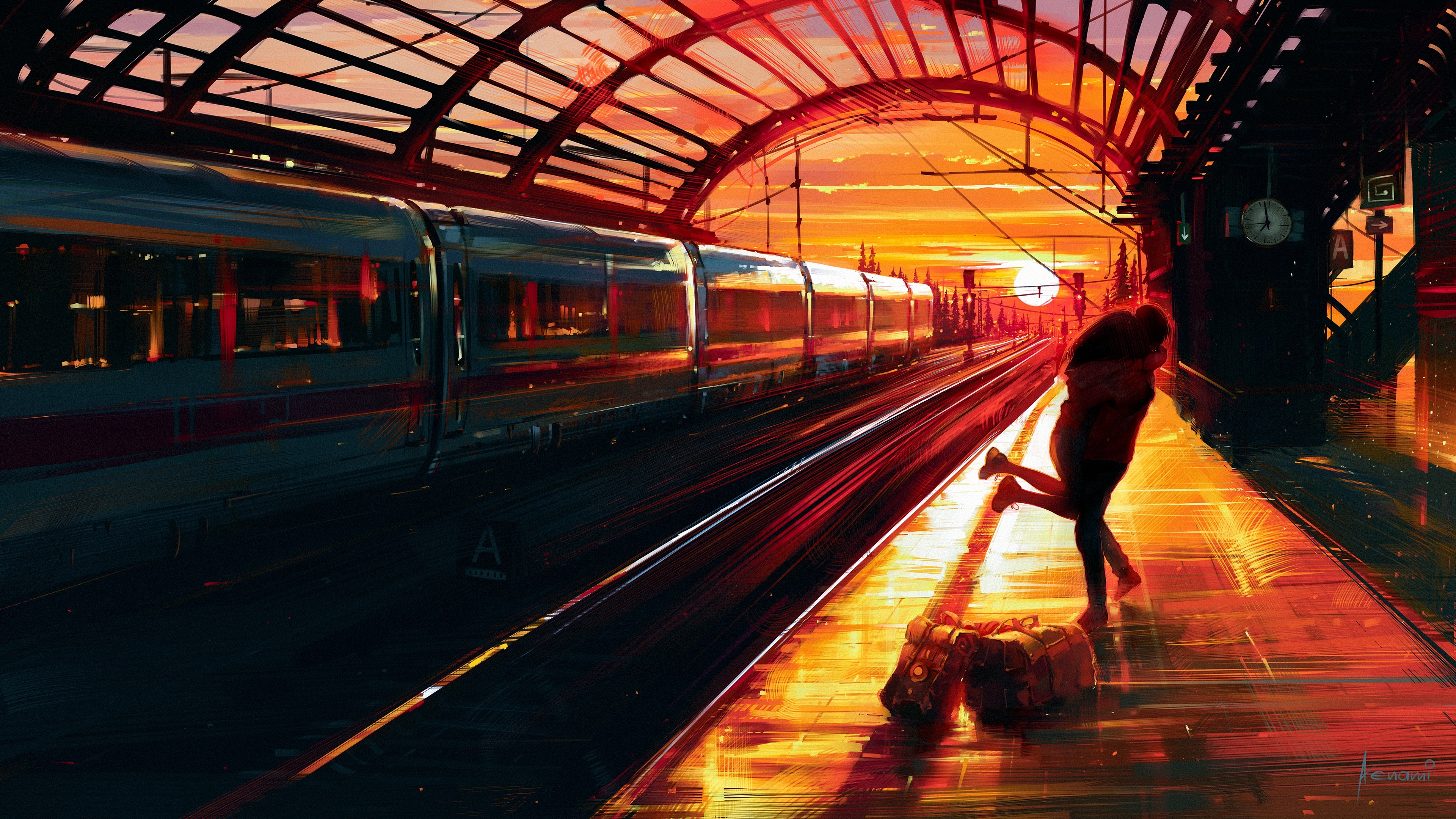 Free download Woman Railway Station Sunset Painting Train 4K Wallpaper, Wallpaper(s) website provided.