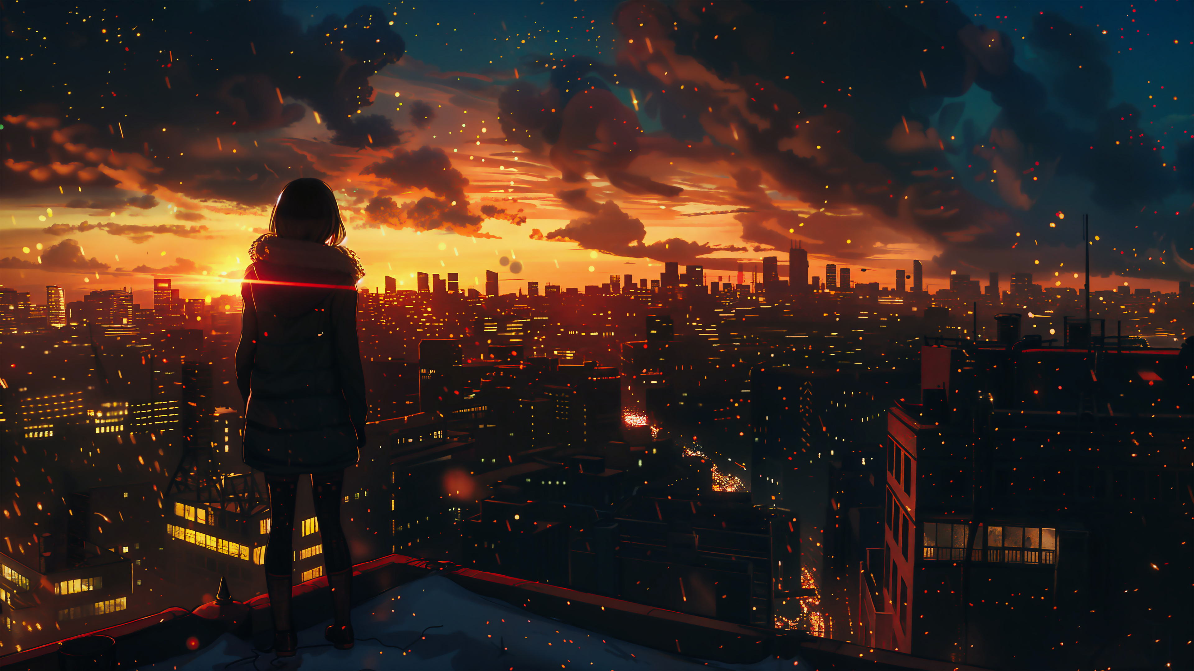 Free download Characters Cityscape Clouds Sunset Night AI Art Roof Sky Computer Wallpaper 4K Wallpaper, Wallpaper(s) website provided.