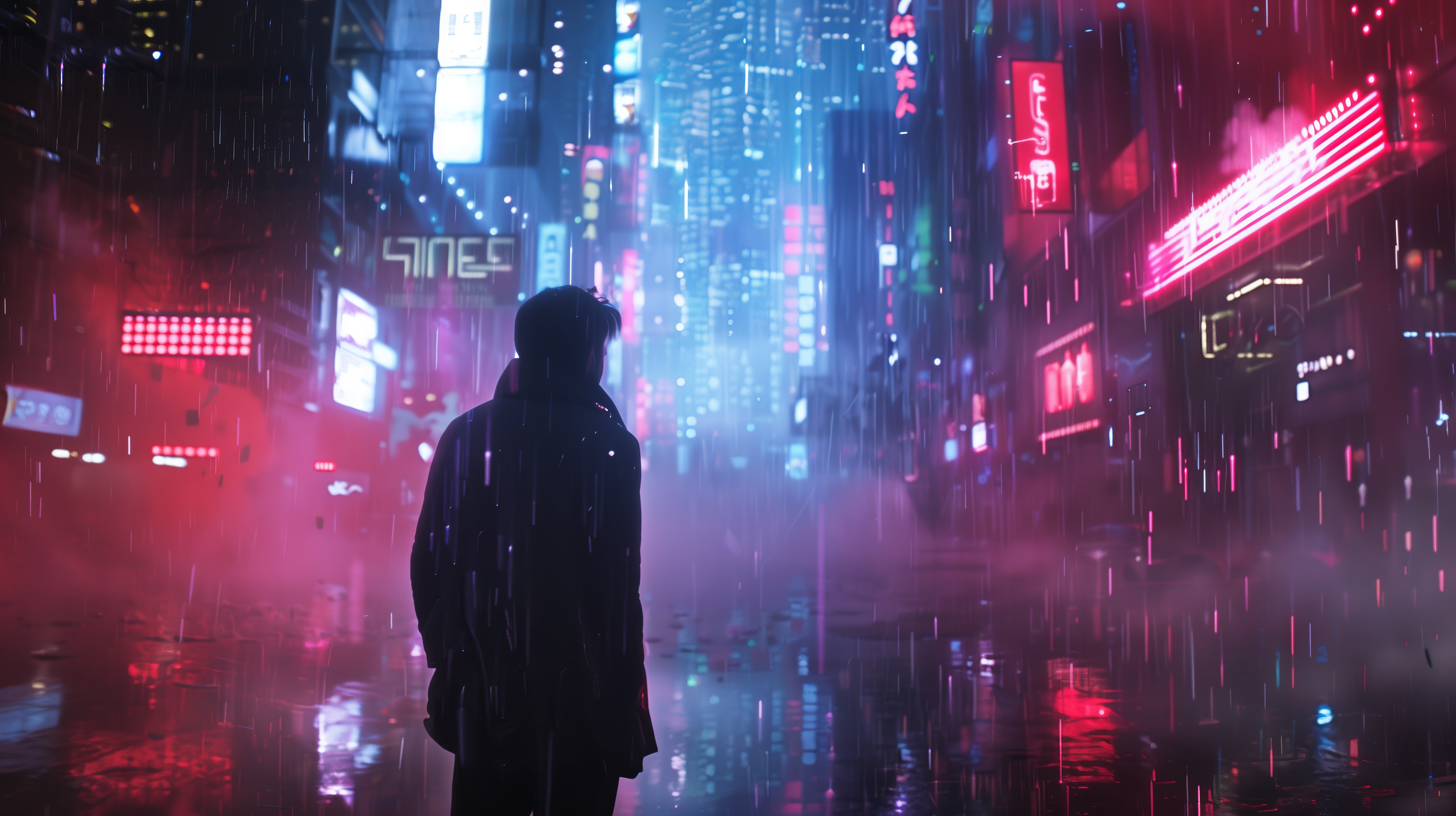 Free download Artificial Intelligence Art Cyberpunk Illustration Rain City Street Silhouette Neon Computer Wallpaper 4K Wallpaper, Wallpaper(s) website provided.