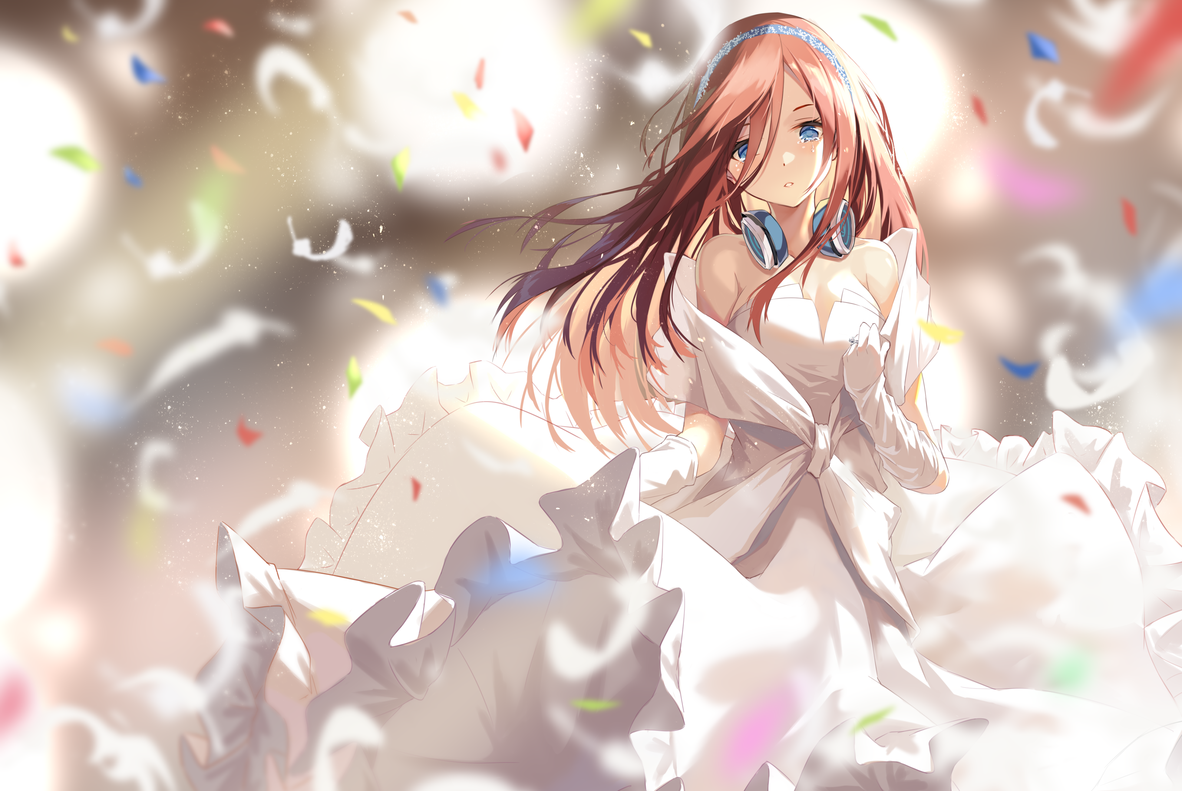 Free download Blue eyes Tears Long hair Red hair Dress White dress Wedding dress Elbow gloves Feathers Headband Headphones Nakano Miku 4K wallpaper, Wallpaper(s) website provided.