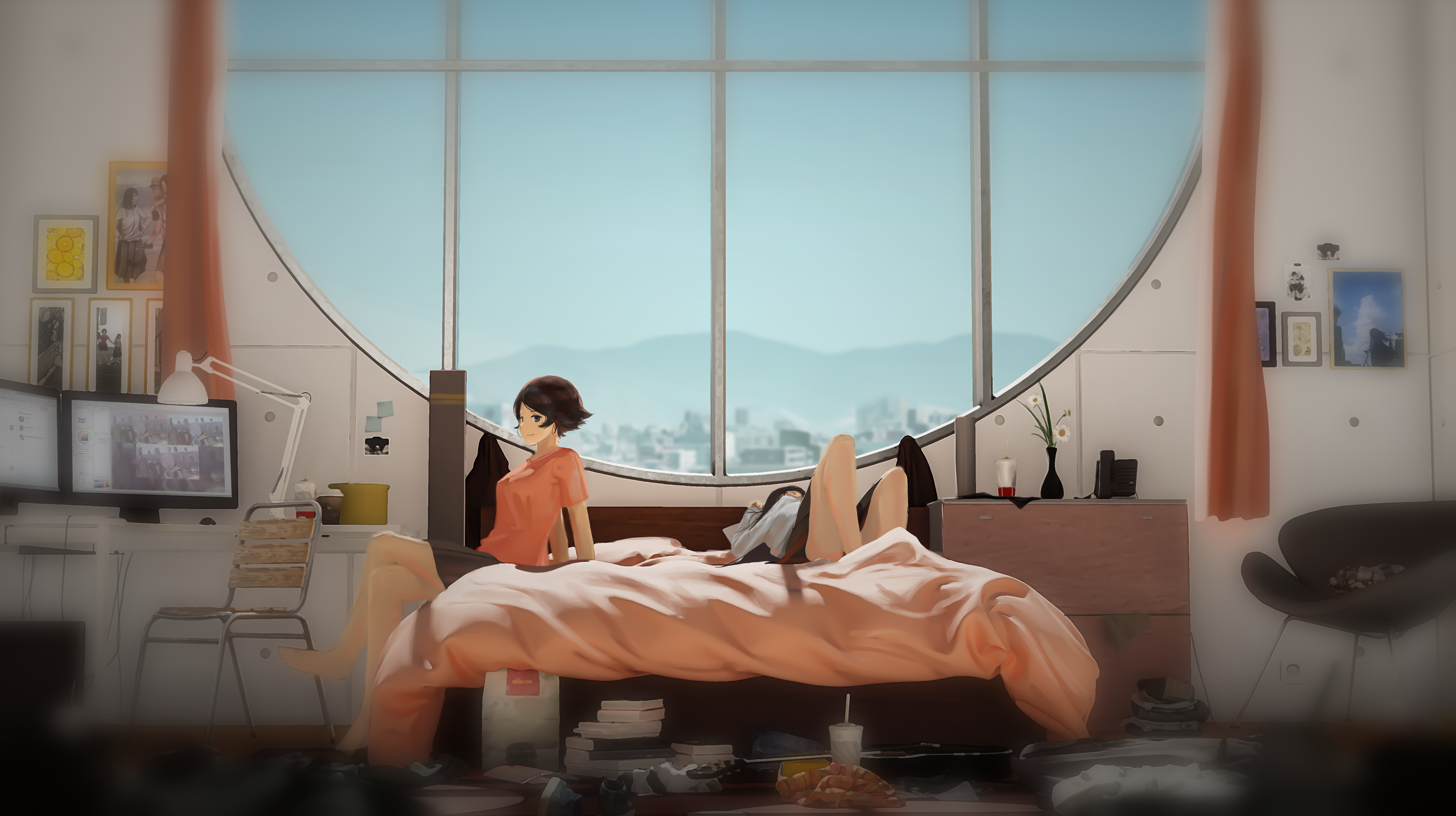 Free download Bed anime girl window table lamp chair 4K wallpaper, Wallpaper(s) website provided.