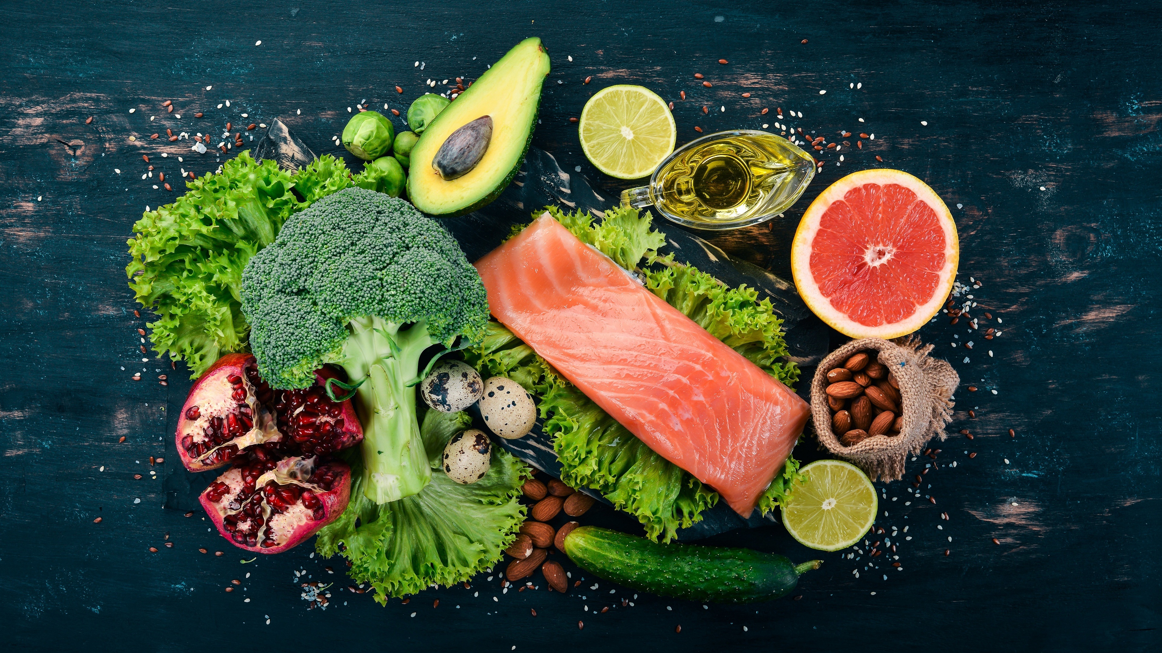 Free download Food Olive Oil Salmon Avocado Cucumber Lime Pomegranate Almond Salad Grapefruit Simple Background Egg Broccoli Lettuce Computer Wallpaper 4K Wallpaper, Wallpaper(s) website provided.