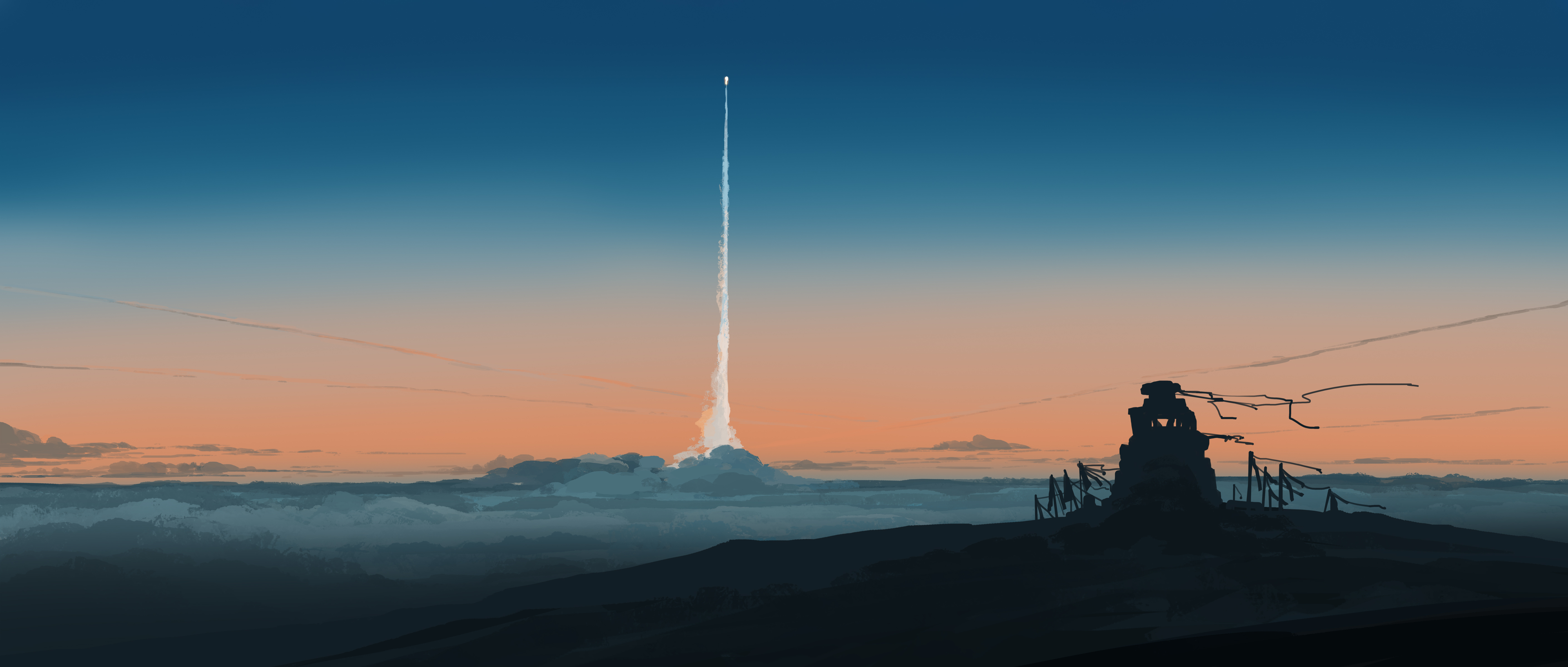 Free download Elegant Illustrations Widescreen Ultra-wide Painting Sunset Clouds Nature Landscape Rocket Launch Minimalist Sky 4K Wallpaper, Wallpaper(s)