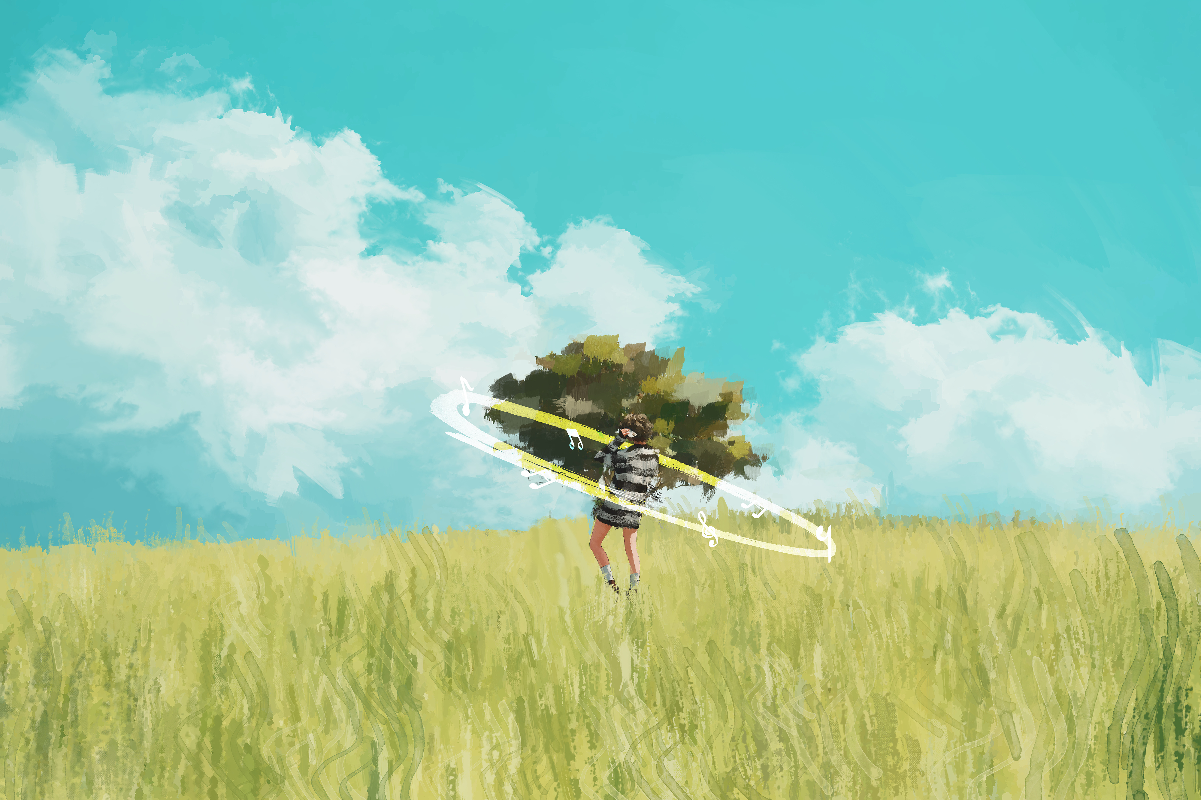 Free download Illustrations Landscape Clouds Trees Music Player Music Symbol Grass Lonely 4K Wallpaper, Wallpaper(s)