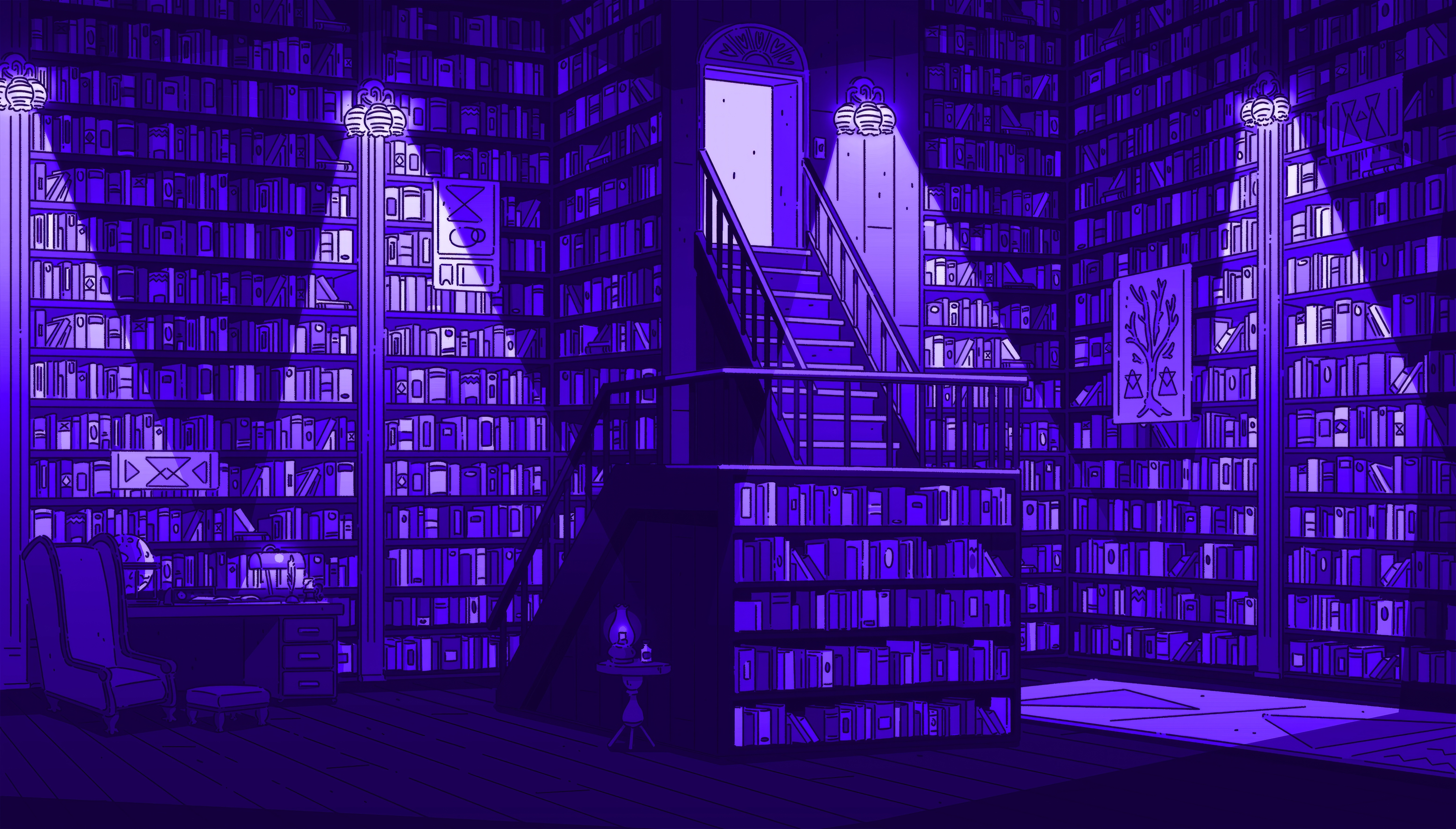 Free download Painting Library Blue Purple Light Shining Stairs Bookshelf Books Digital Art 4K Wallpaper, Wallpaper(s) website provided.