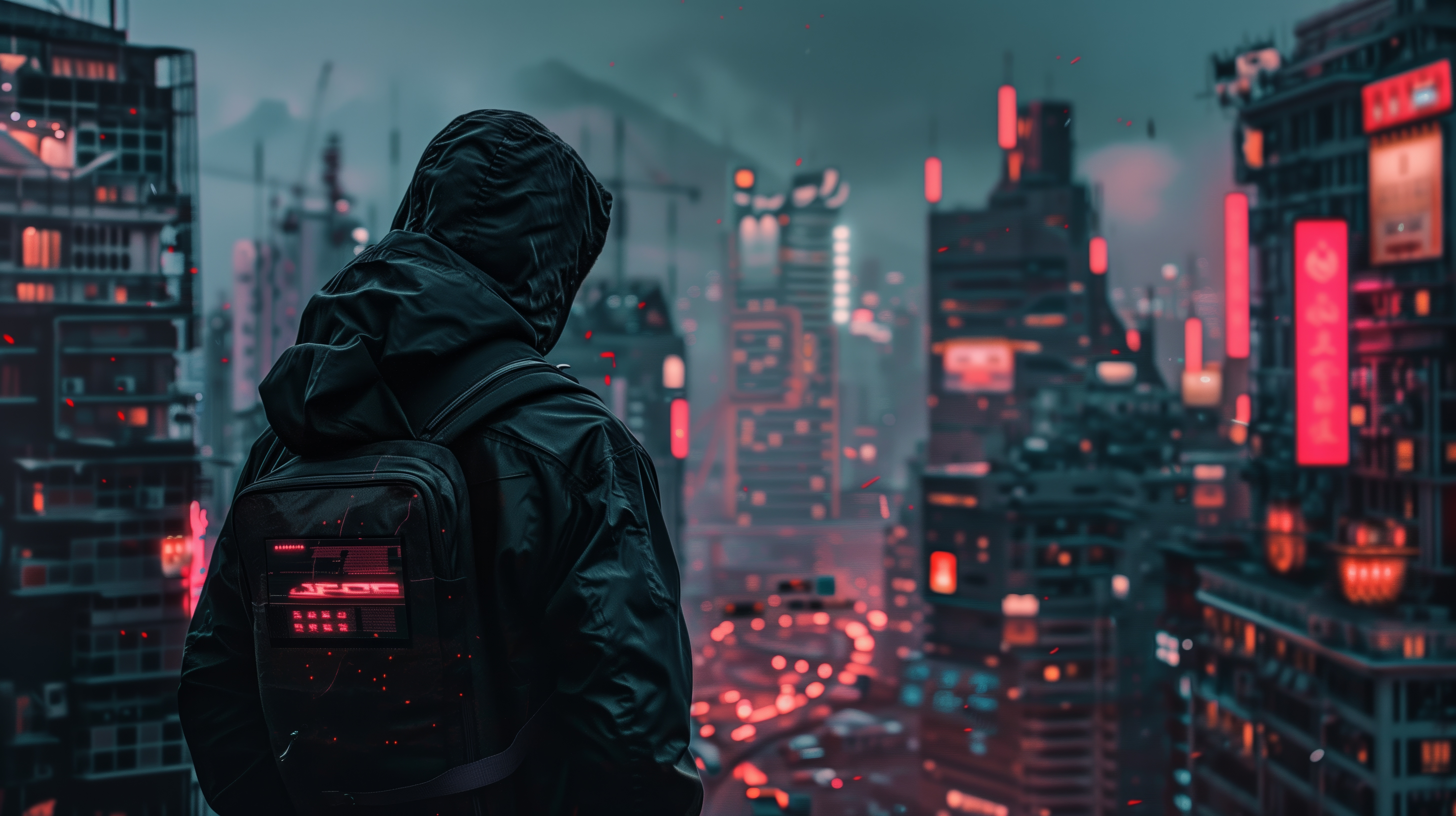Free download AI Art Science Fiction Cyberpunk City Backpack Hood Futurism Computer Wallpaper 4K Wallpaper, Wallpaper(s) website provided.