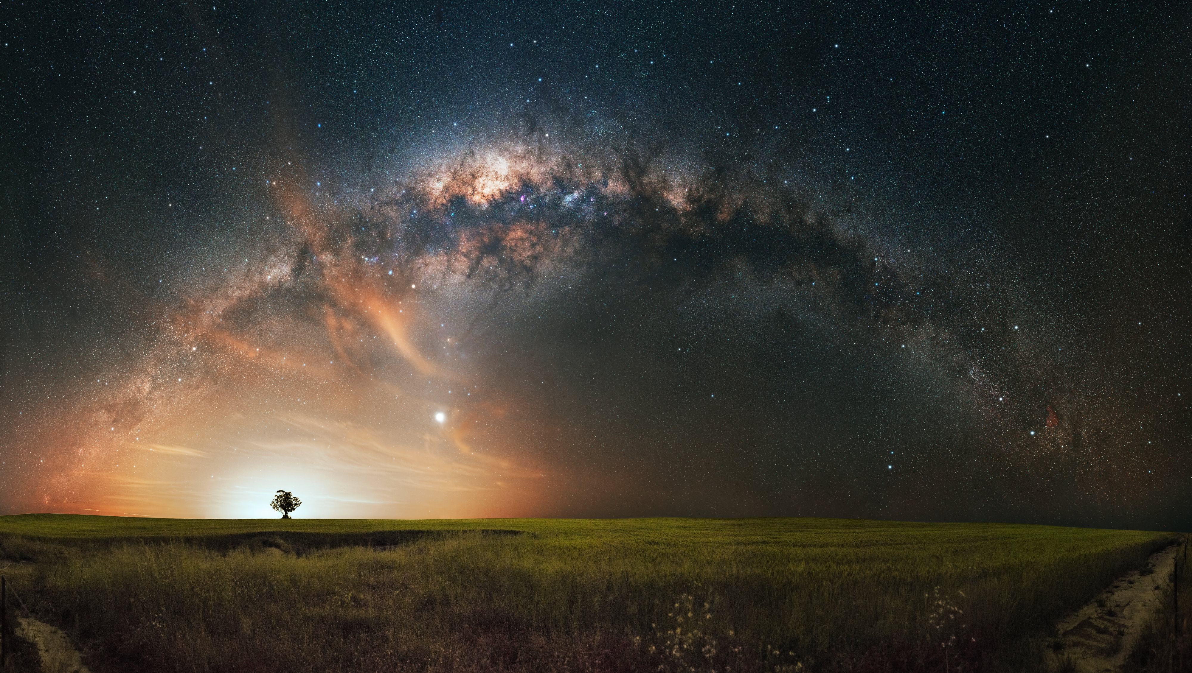 Free download Nature Landscape Sky Trees Grass Field Night Stars Galaxy Space 4K Wallpaper, Wallpaper(s) website provided.