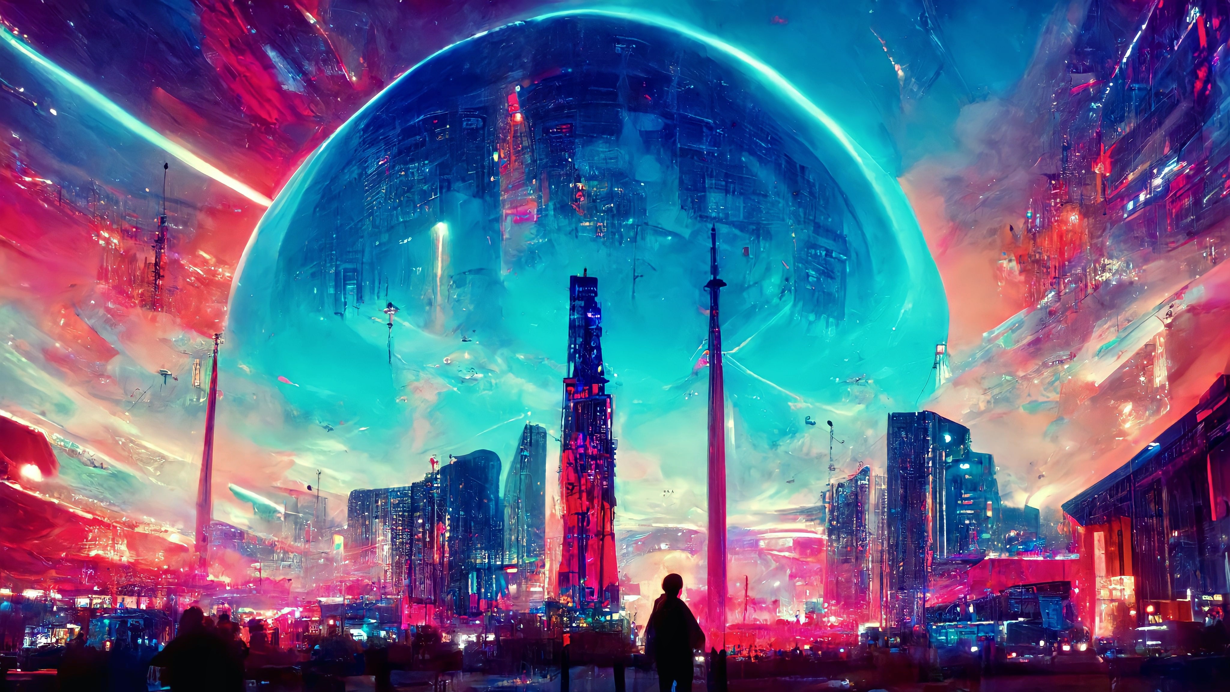 Free download Colorful neon city cyberpunk dome art futurism technology fantasy art computer wallpaper 4K wallpaper, Wallpaper(s) website provided.