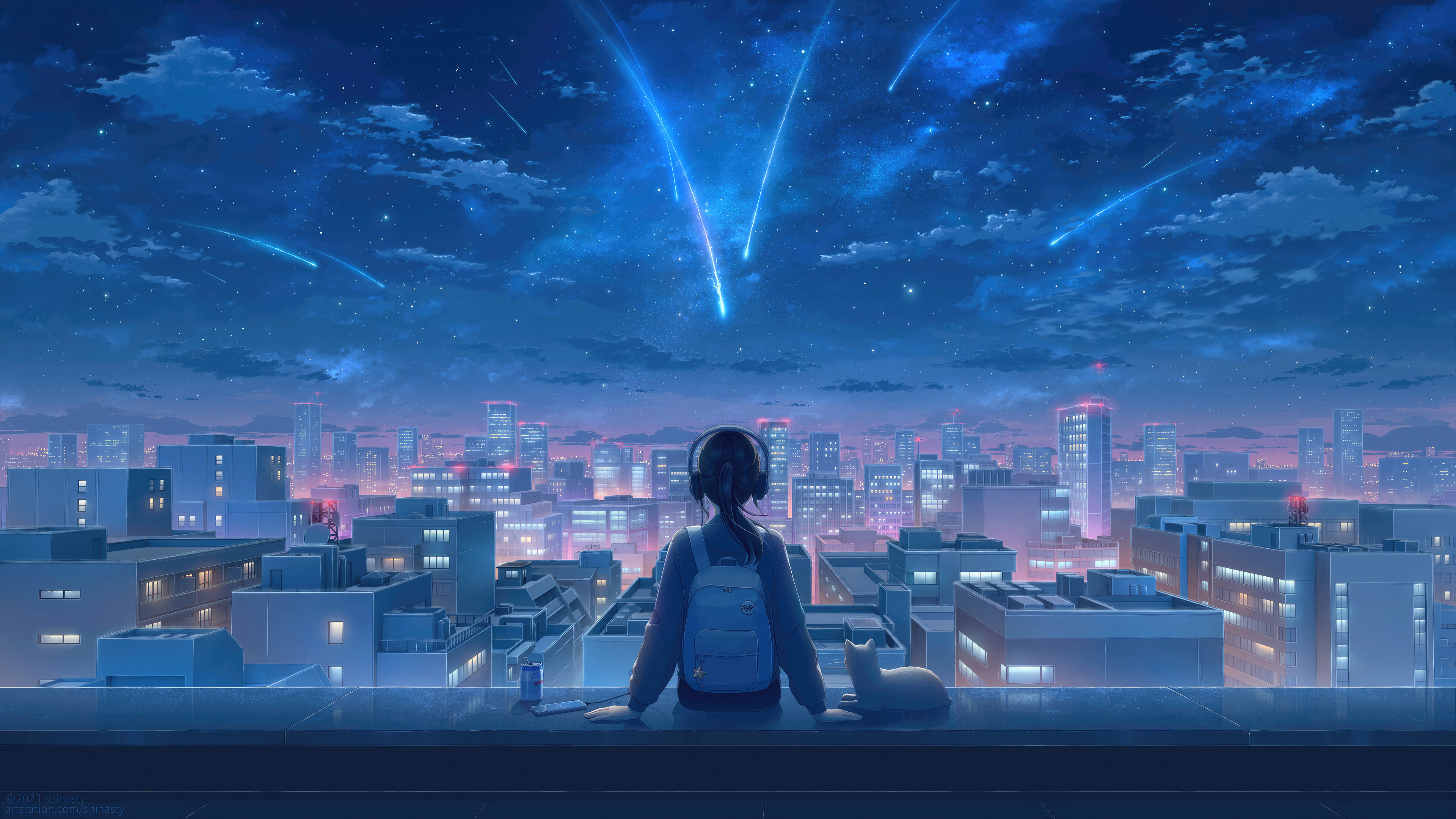 Free download Outdoor female ponytail city landscape anime girl schoolbag water light flower cloud rearview mirror shooting star headphones architecture cat city starry sky night sky long sleeve 4K wallpaper, Wallpaper(s) website provided.