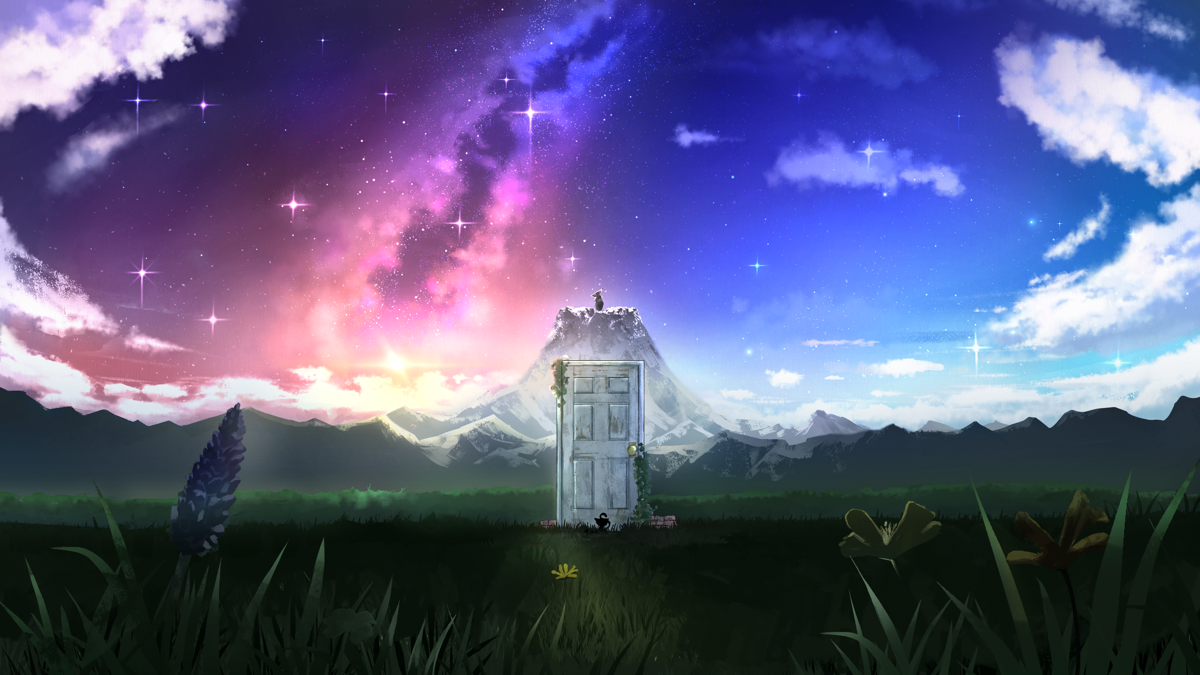 Free download Scenery Fields Door Nature Mountains Sky Clouds Stars AI Art Starry Sky Grass Weather Son 4K Wallpaper, Wallpaper(s) website provided.