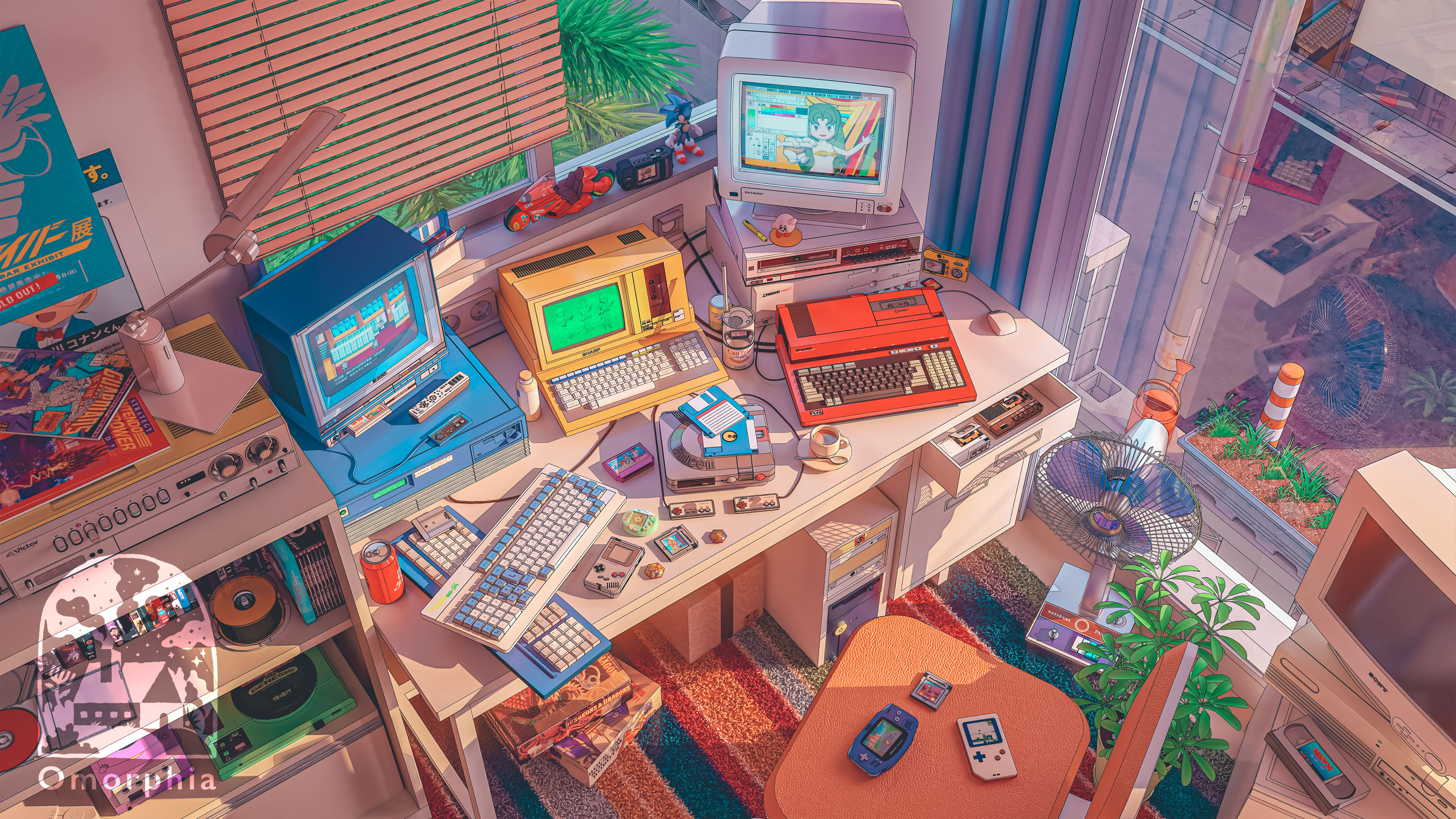 Free download Illustrations Color painting retro interior computer desk fan room chair keyboard sunlight blinds cup plate spoon leaves carpet cassette camera computer mouse window 4K wallpaper, Wallpaper(s)