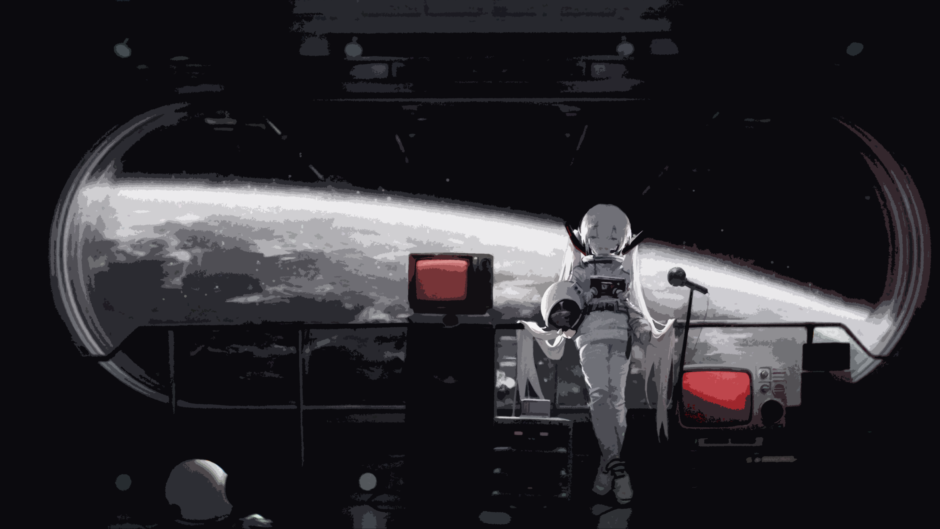Free download Long Hair Astronaut Anime Girl Minimalism Monochrome TV Orbit Earth Planet Space Room Spaceship Science Fiction Future 4K Wallpaper, Wallpaper(s)