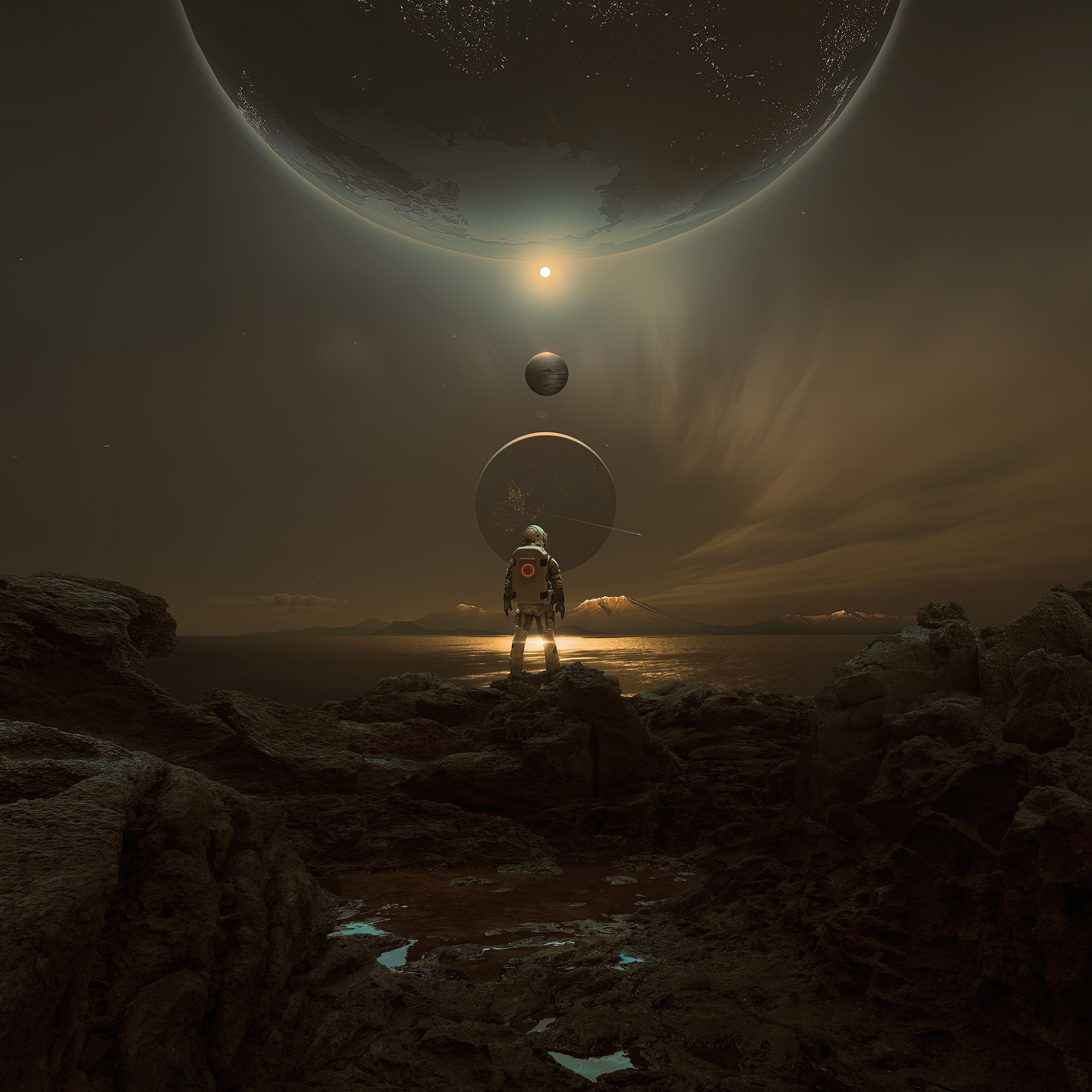 Free download Astronaut Planet Mars Sky Night Science Fiction Novel Solar System Landscape AI Art Mobile Wallpaper 4K Wallpaper, Wallpaper(s) website provided.