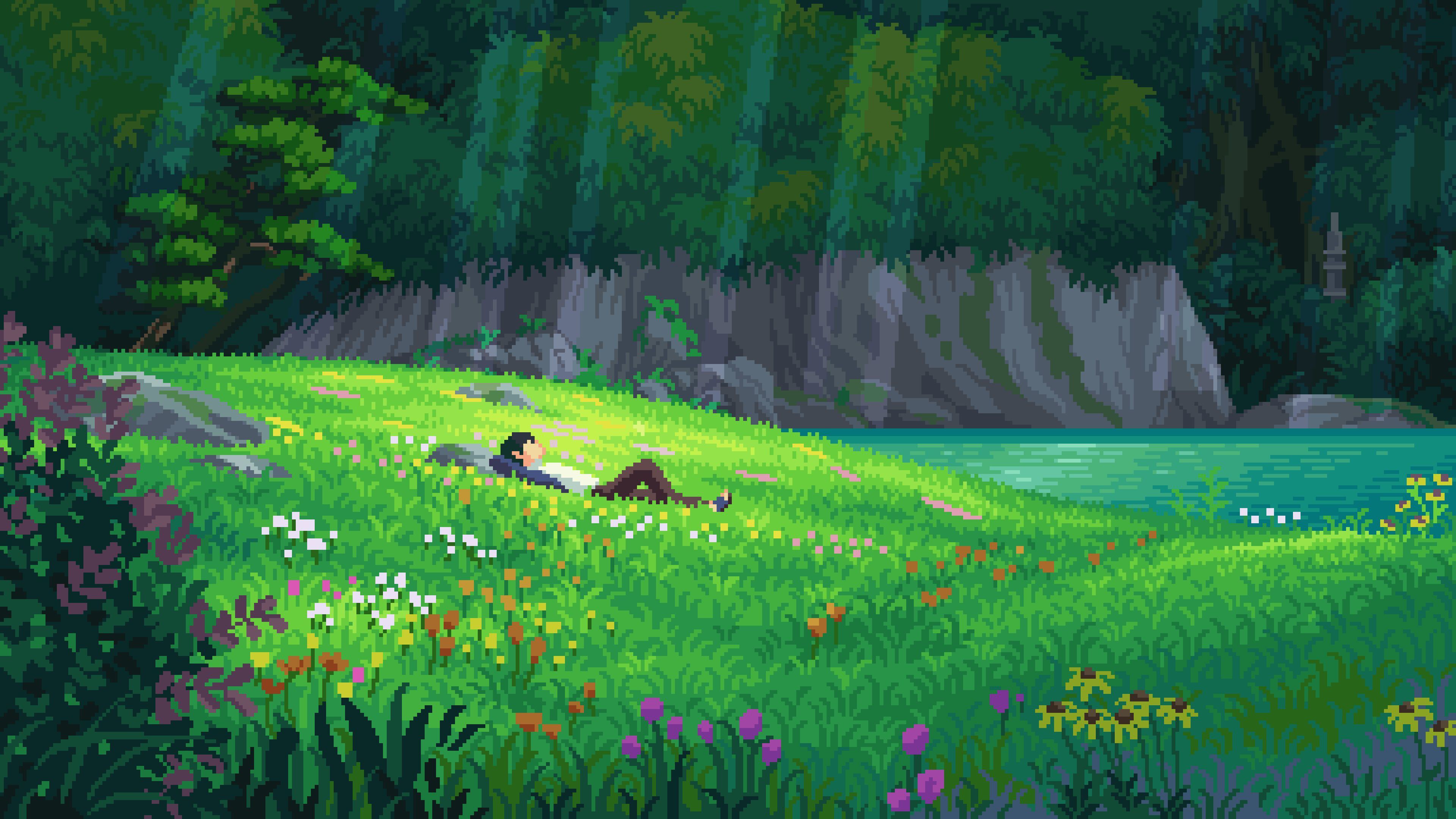 Free download meadow flowers sunshine bushes art lying down pixels 4K wallpaper, Wallpaper(s) website provided.