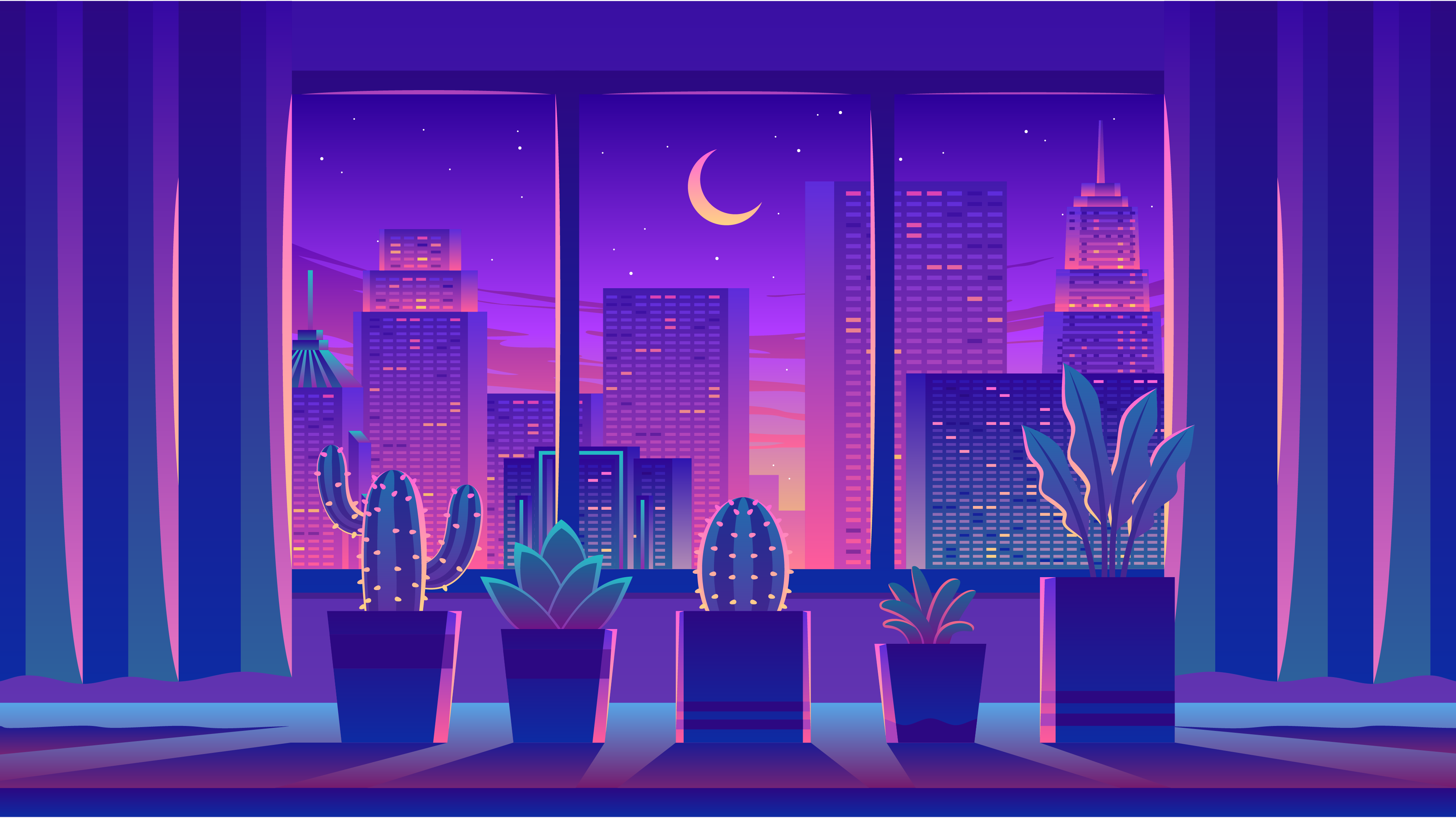 Free download Room City Landscape Crescent Building Night Moon Cactus Stars Windows Succulent Curtains Sky Plants 4K Wallpaper, Wallpaper(s)