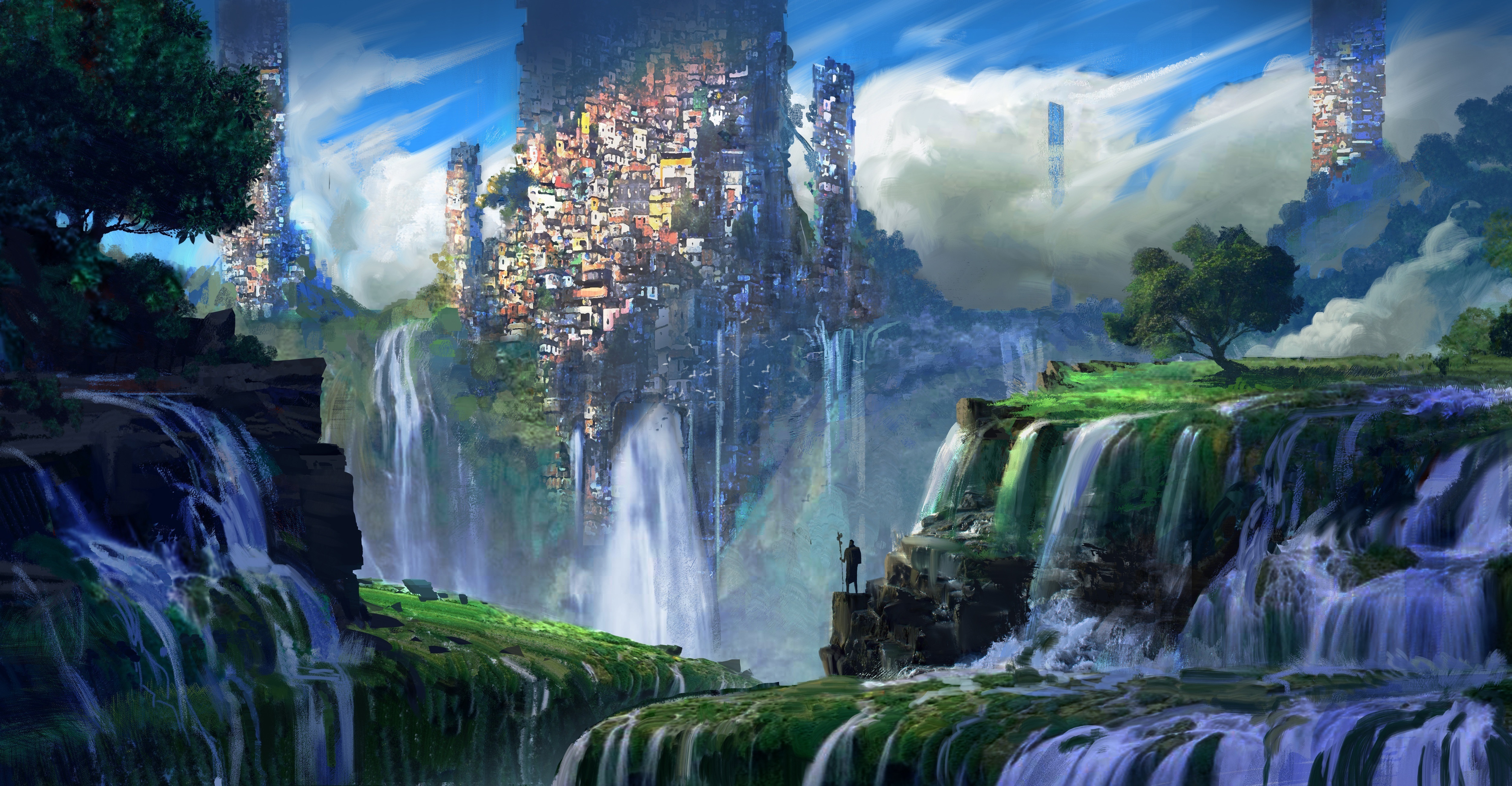 Free download Mountains Plants Waterfall City Fantasy Art Landscapes AI Art 4K Wallpaper, Wallpaper(s) website provided.