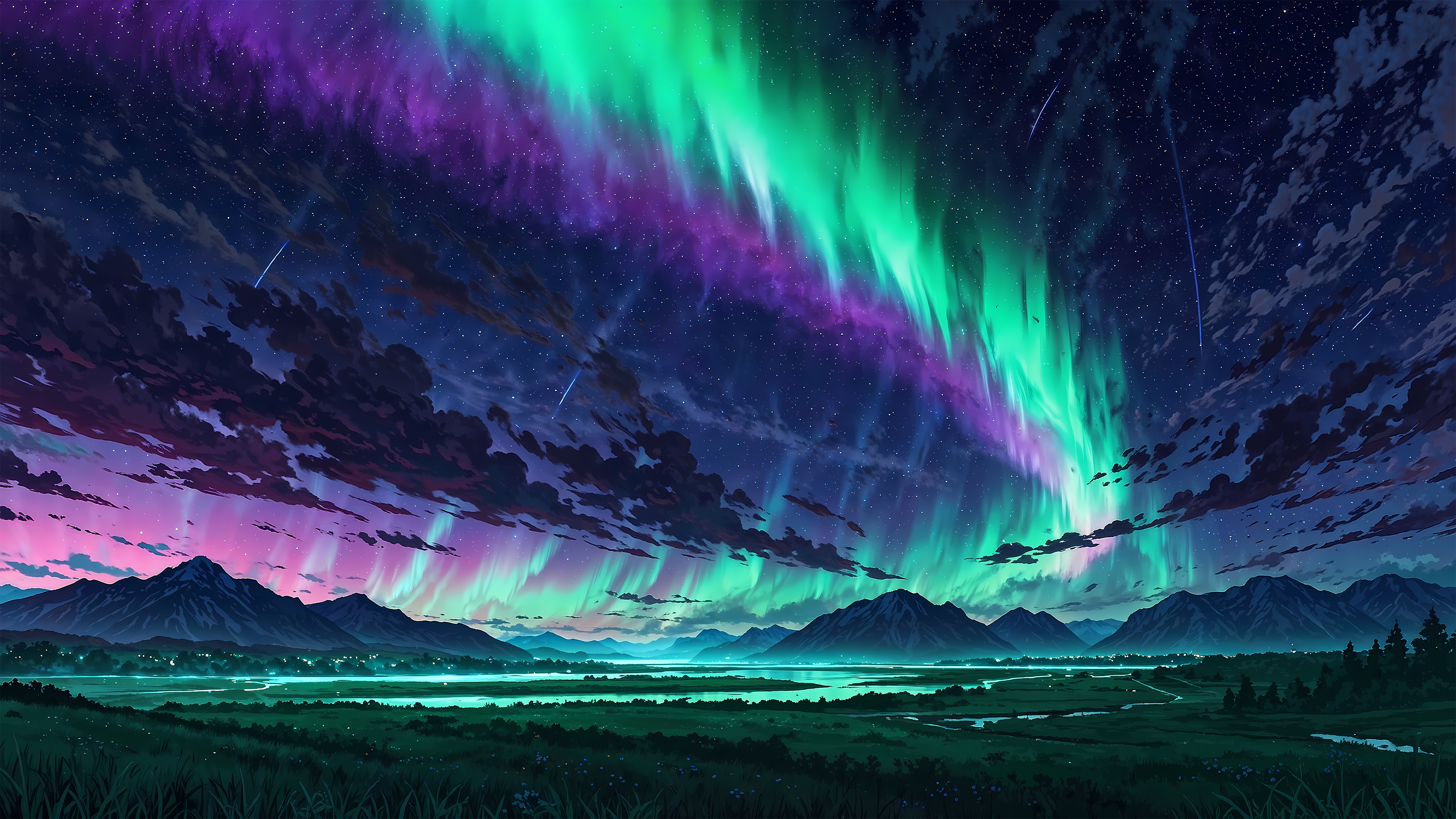 Free download Aurora Landscape Meteor Mountains 4K Wallpaper, Wallpaper(s) website provided.