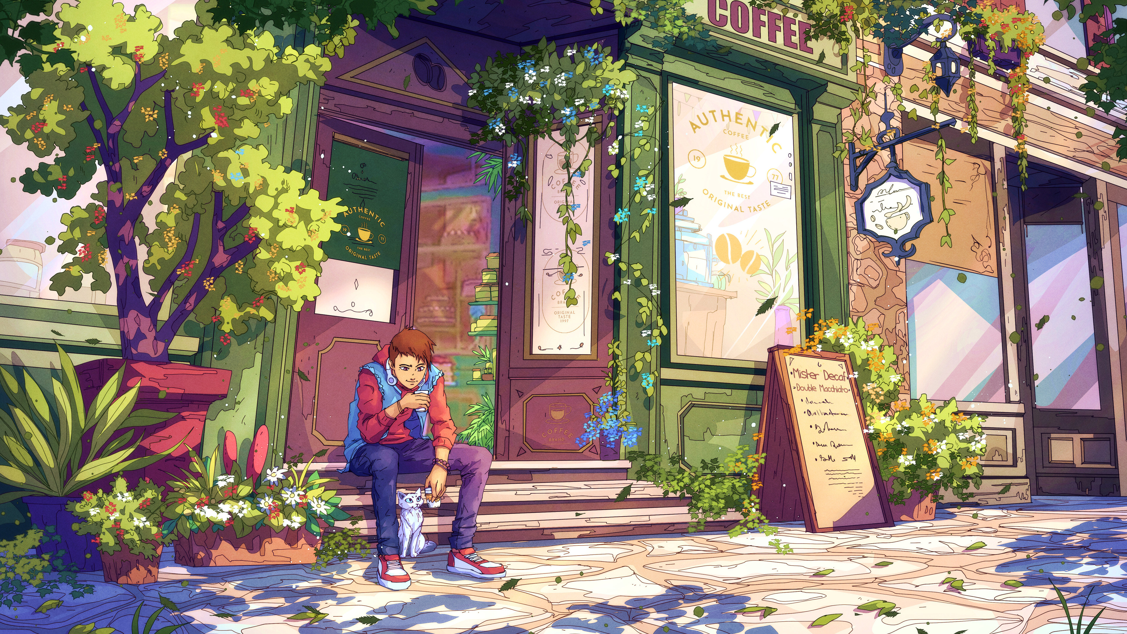 Free download AI Art Fantasy Art Cat Coffee Cafe Headphones Plants 4K Wallpaper, Wallpaper(s) website provided.