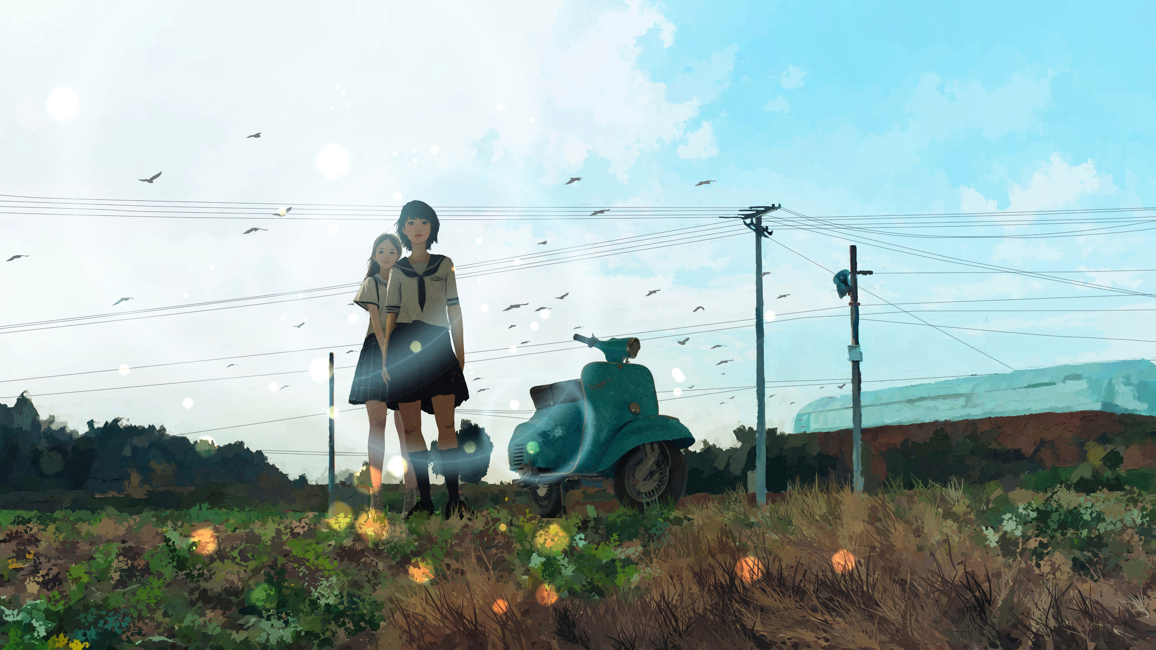 Free download Female student illustration landscape sky scooter field wire cloud bird flower 4K wallpaper, Wallpaper(s)