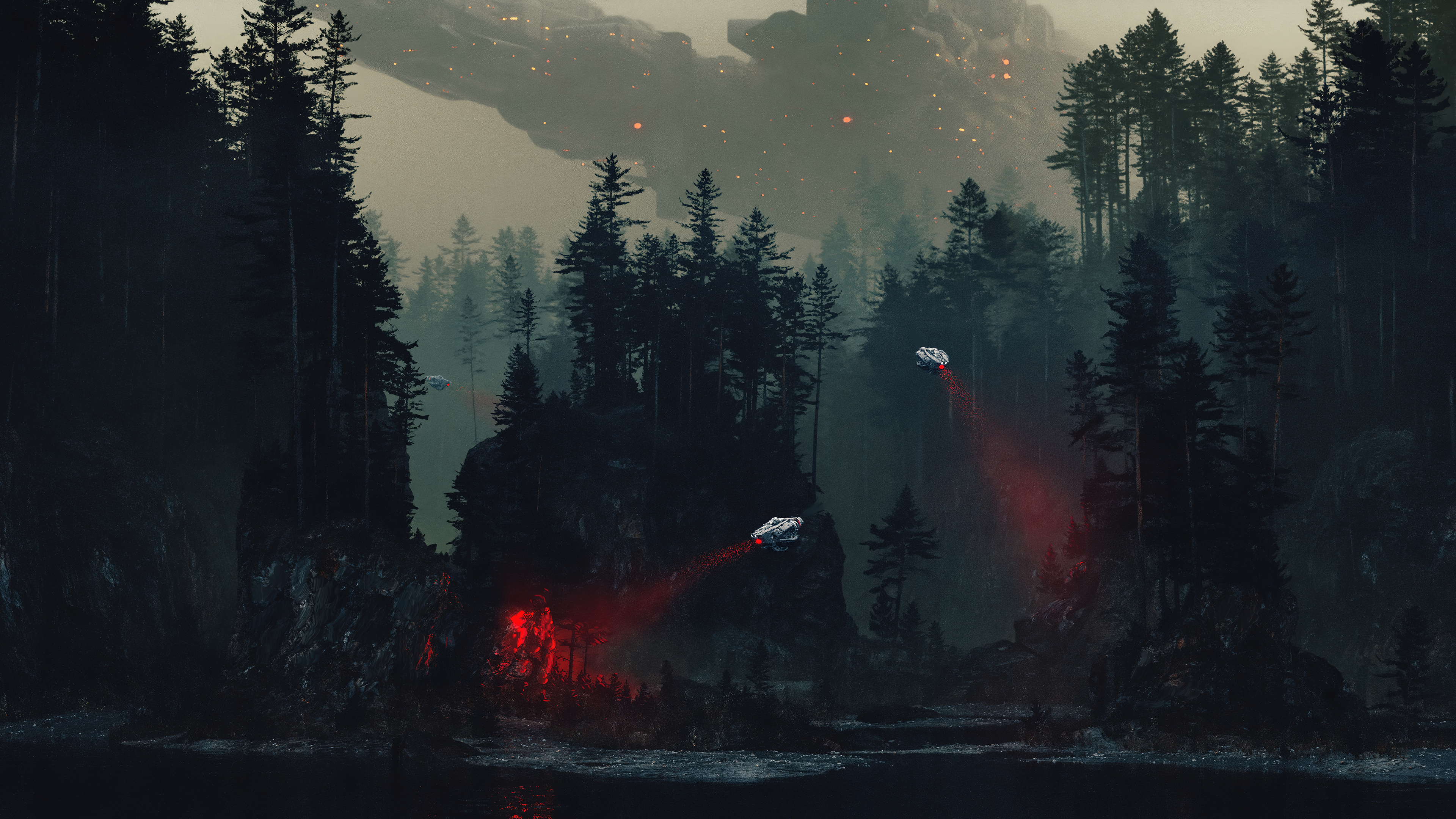 Free download Science fiction Spaceship Forest Trees Nature Searchlight River AI Art Digital Painting Computer Wallpaper 4K Wallpaper, Wallpaper(s) website provided.