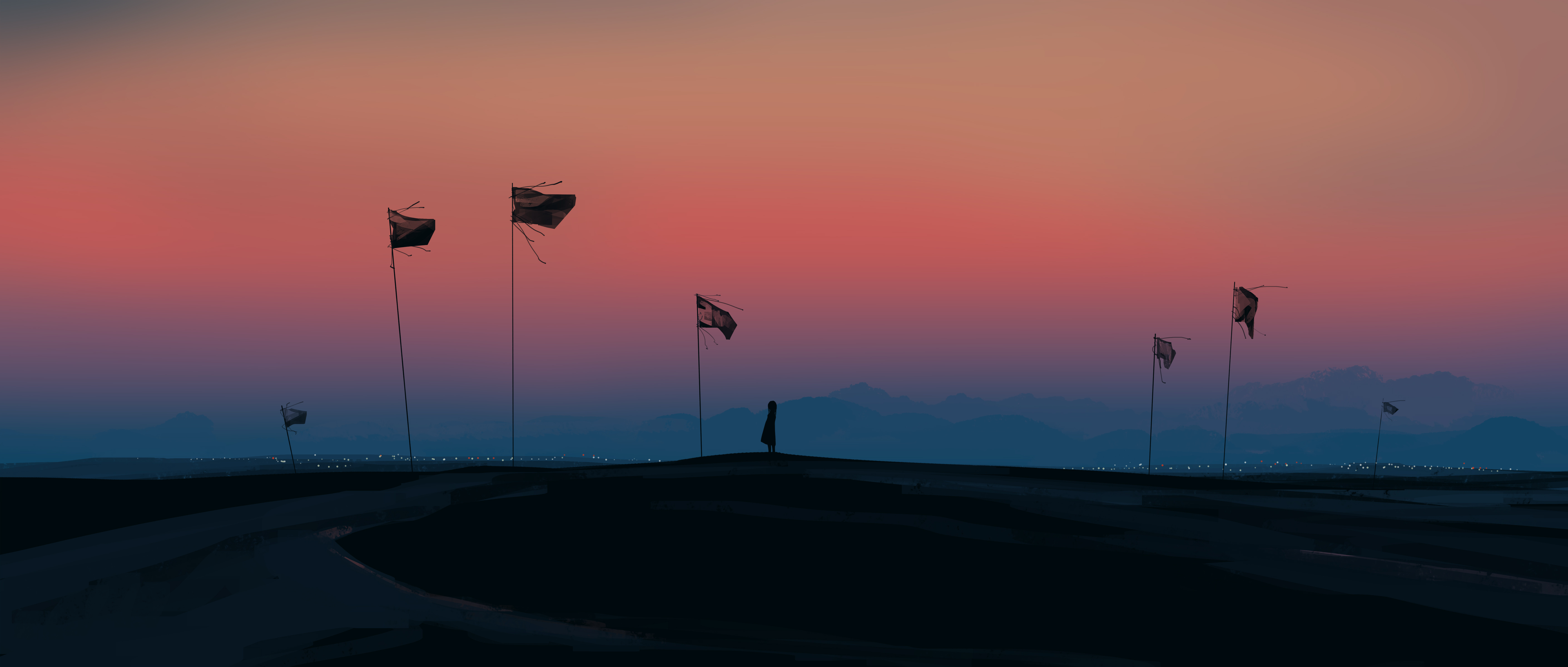 Free download Elegant Digital Art Artwork Illustration Digital Painting Abstract Widescreen Ultra Wide Landscape Sunset Silhouette Mountains Sky 4K Wallpaper, Wallpaper(s) website provided.