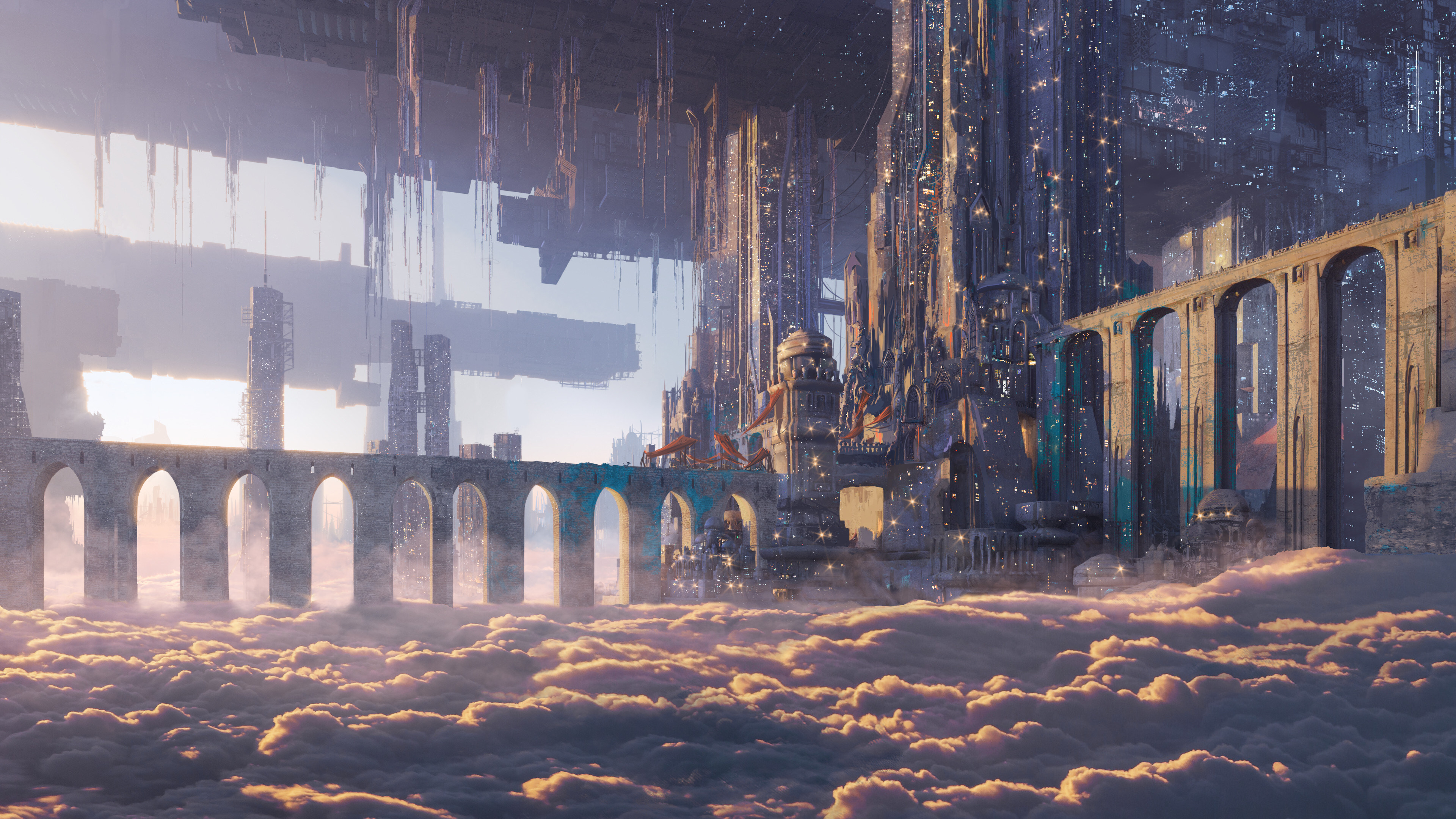 Free download Illustrations City Architecture Bridge Utopia Cloud Fantasy Art Computer Wallpaper 4K Wallpaper, Wallpaper(s) website provided.