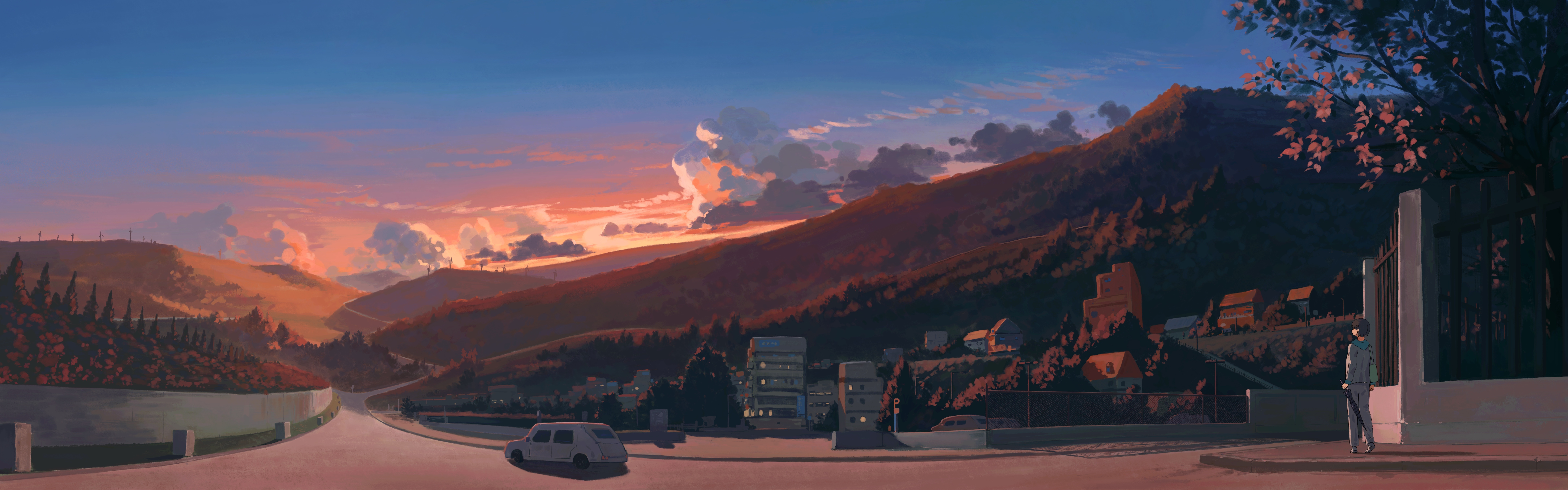 Free download Digital art sunset vehicle mountain road cloud sky illustration architecture trees landscape nature 8K wallpaper, Wallpaper(s)