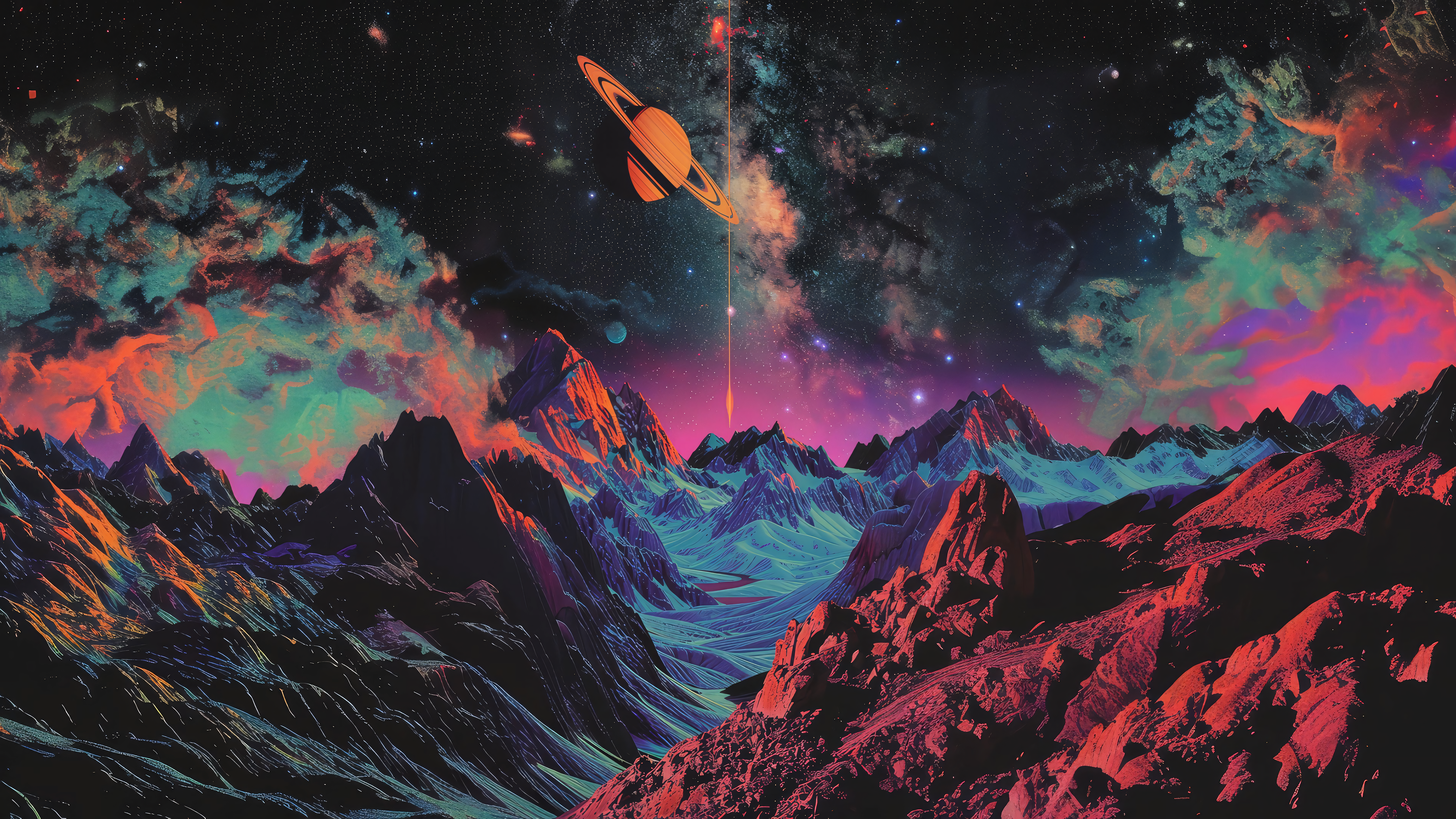 Free download Mountains Rich Colorful Digital Art Saturn Space Sky Stars Fantasy Dark Landscape Nature Clouds River Universe Lights 4K Wallpaper, Wallpaper(s) website provided.