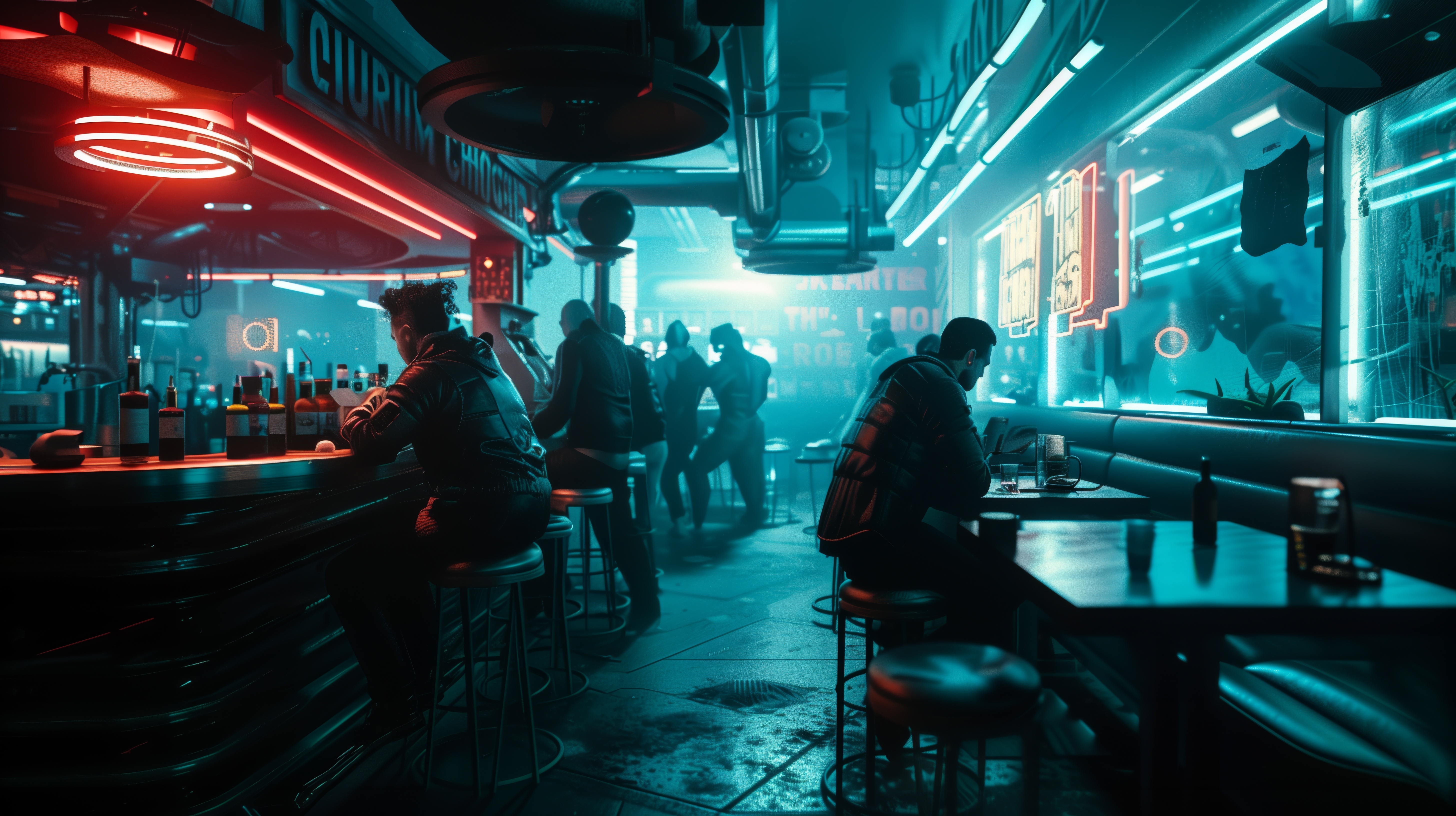 Free download AI Art Futurism Cyberpunk Science Fiction Neon Bar Dark Computer Wallpaper 4K Wallpaper, Wallpaper(s) website provided.