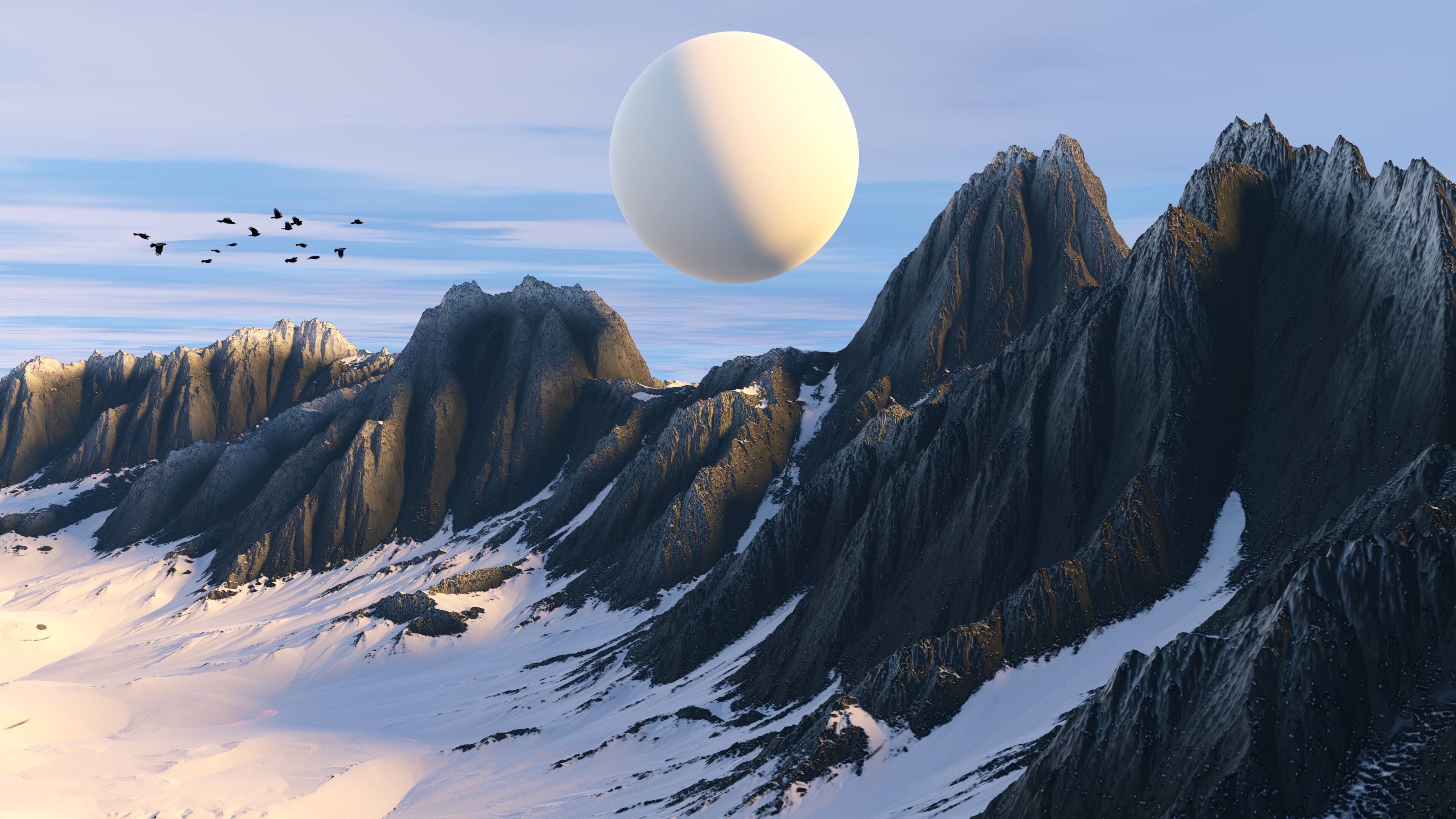 Free download AI art illustration mountains landscape snow planet abstract nature birds 4K wallpaper, Wallpaper(s) website provided.