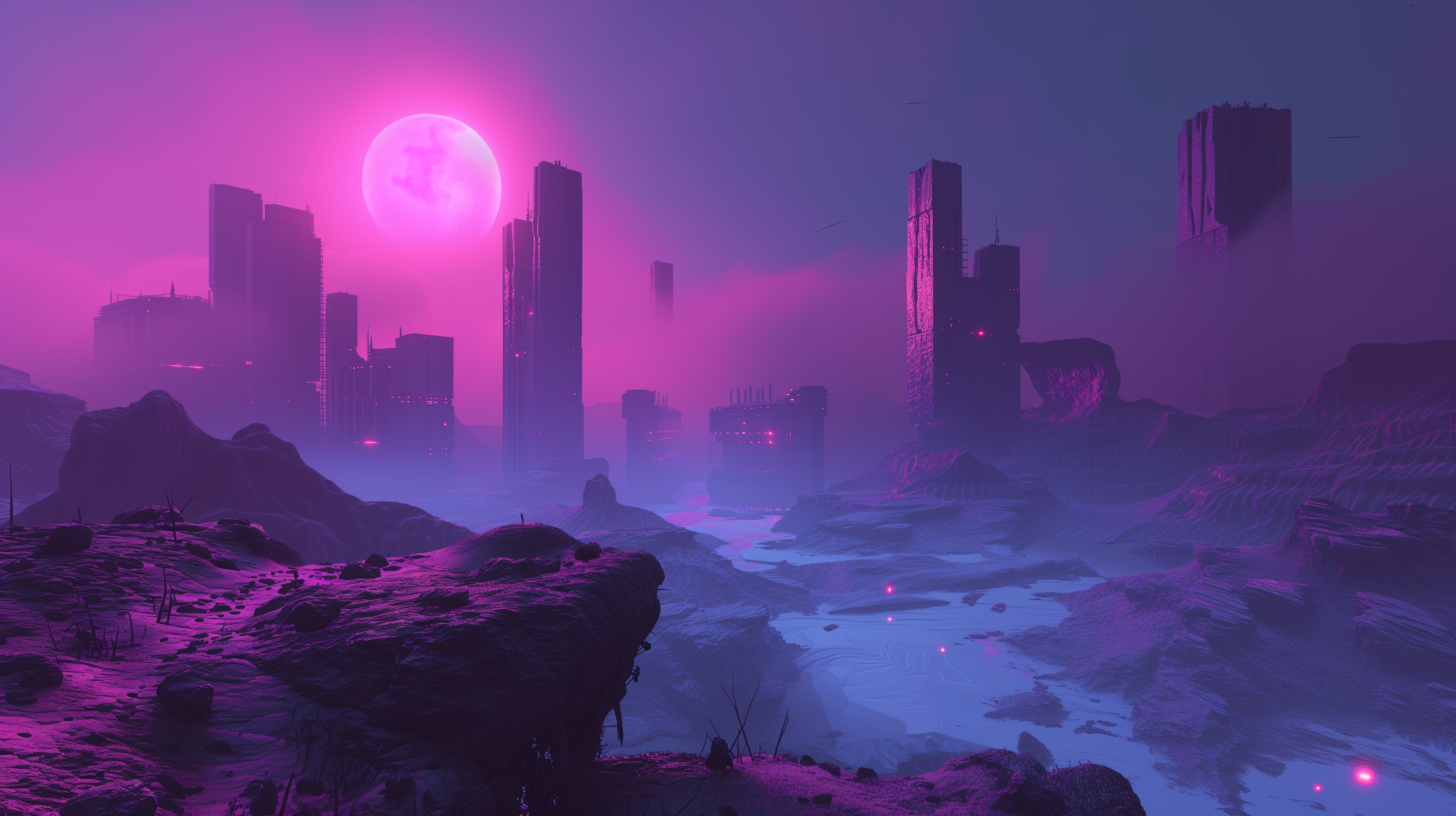 Free download Mist Purple City Moon Illustration Computer Wallpaper 4K Wallpaper, Wallpaper(s) website provided.