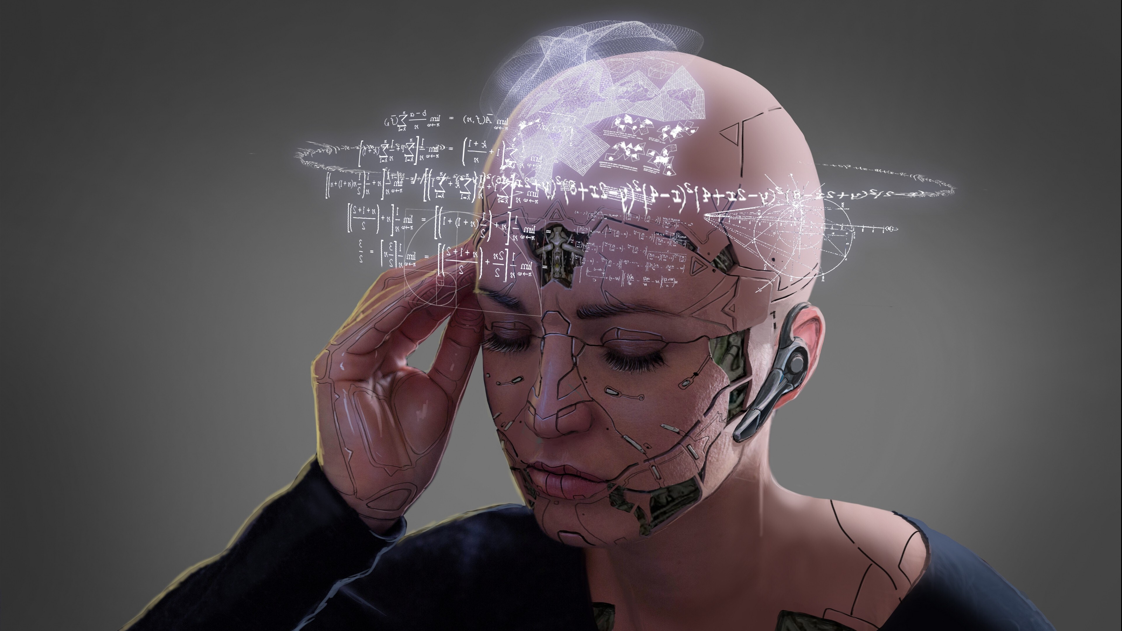 Free download Female Face Science Fiction AI Art Robot Machinery Simple Background Mathematical Formula Computer Wallpaper 4K Wallpaper, Wallpaper(s) website provided.