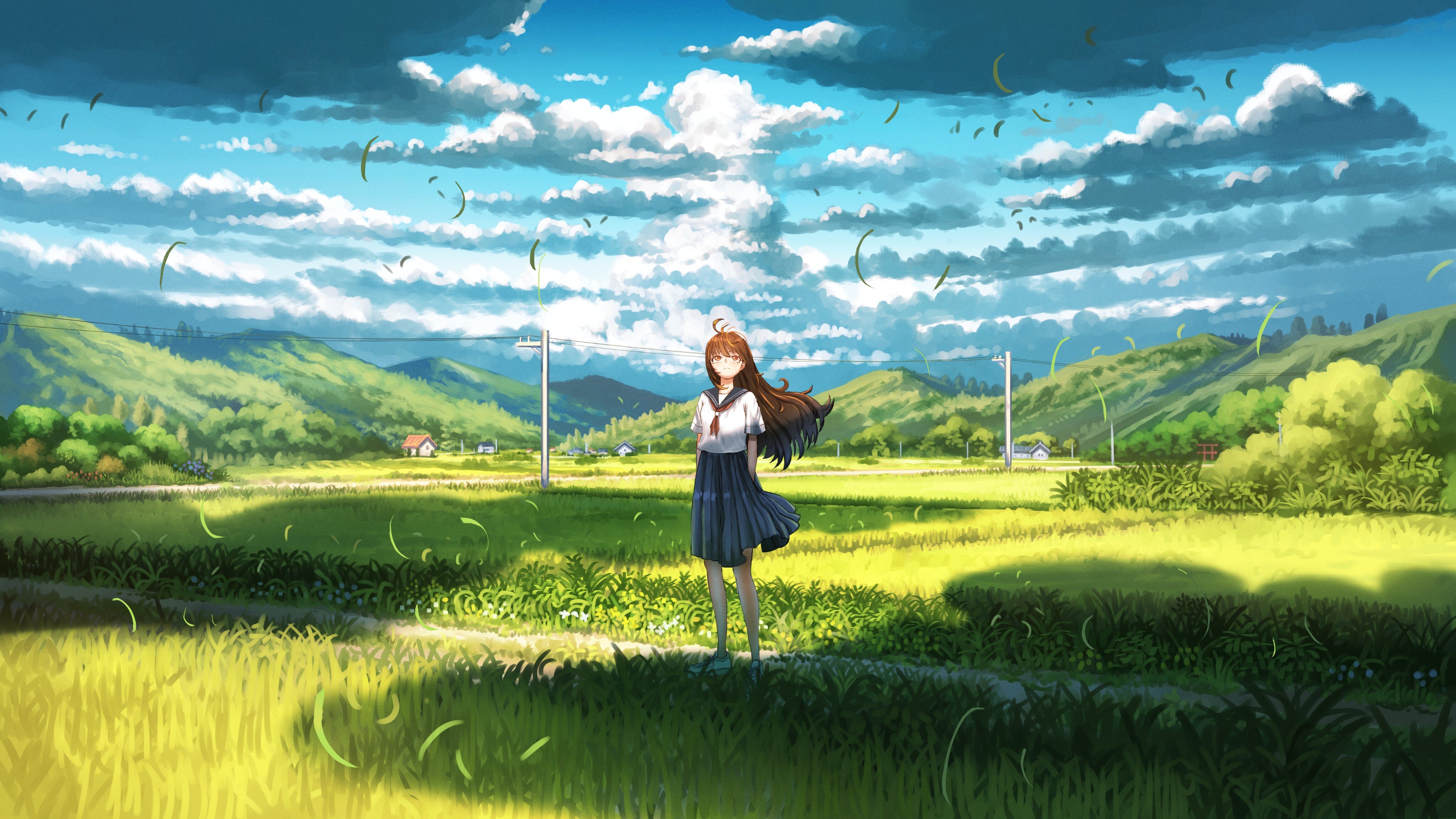 Free download Looking up female student outdoors flying in the wind anime girl school uniform cumulus wind grass cloud sky trees leaves mountain 4K wallpaper, Wallpaper(s) website provided.