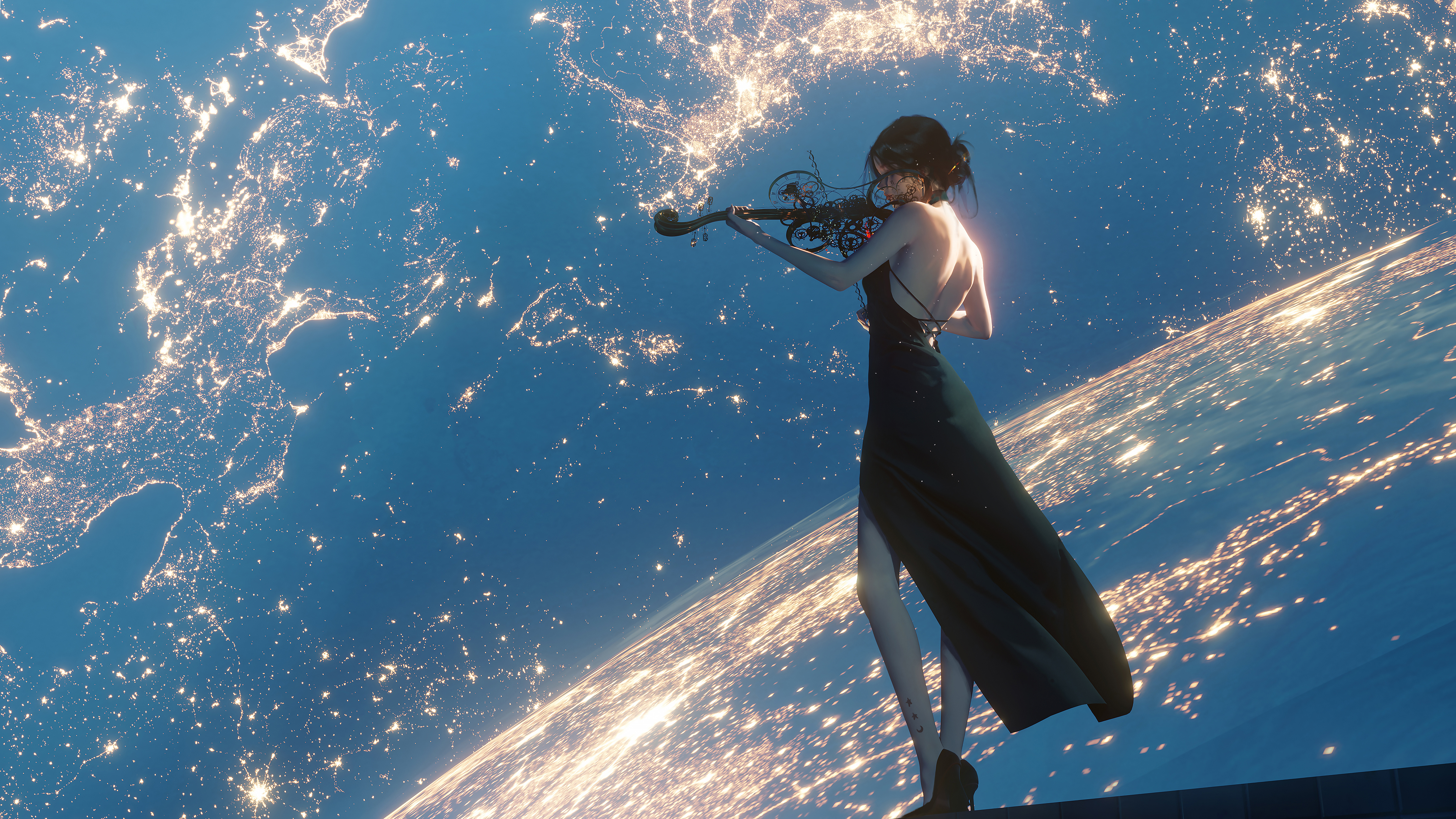 Free download WLOP Anime Girl Starlight Dress Violin Black Dress Beauty Healing High-end Art 4K Wallpaper, Wallpaper(s) website provided.