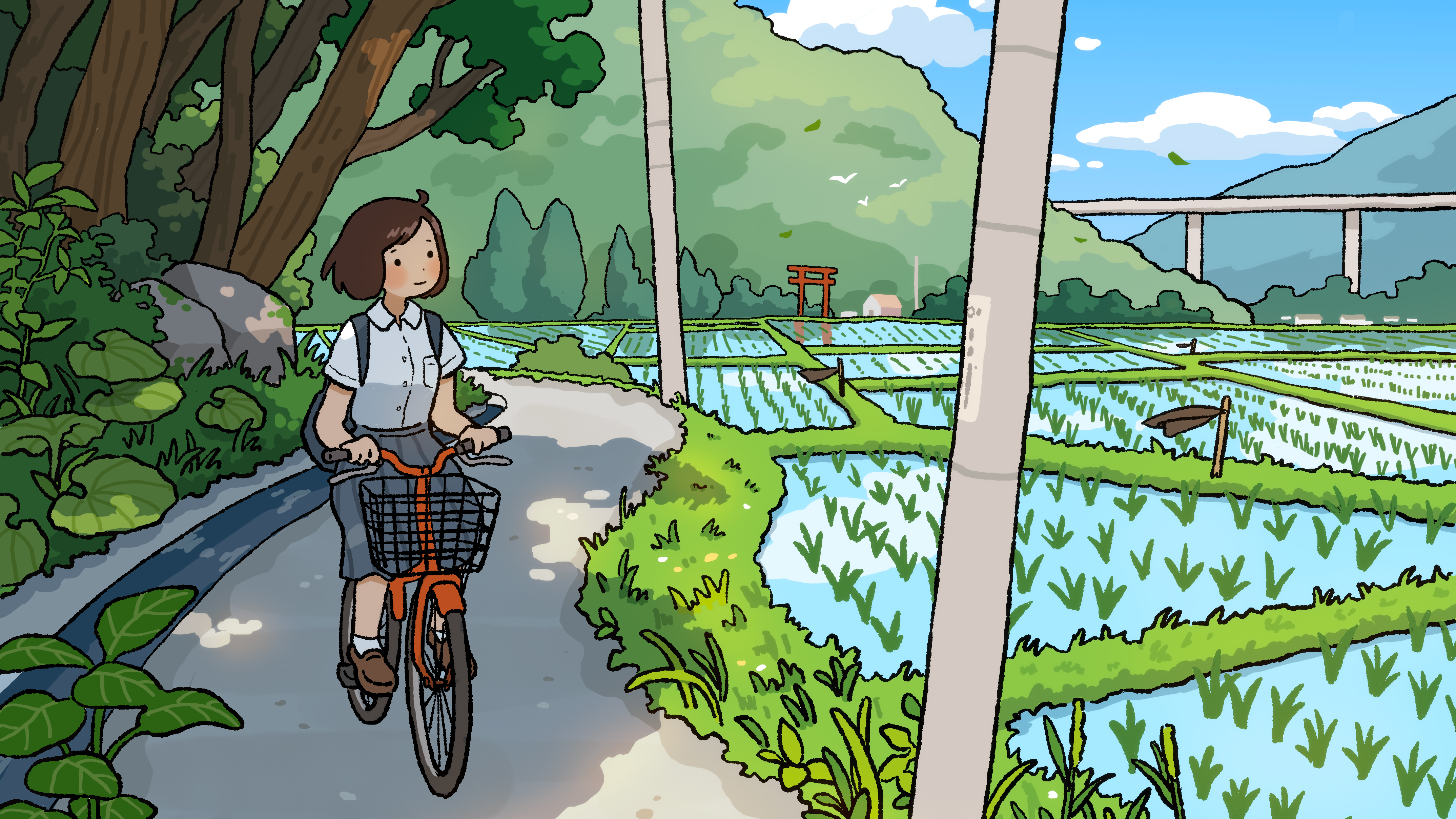 Free download Brunette Maruno Landscape Anime Girl Bicycle Rice Field Road Meadow Nature Countryside Torii Outdoor 4K Wallpaper, Wallpaper(s) website provided.