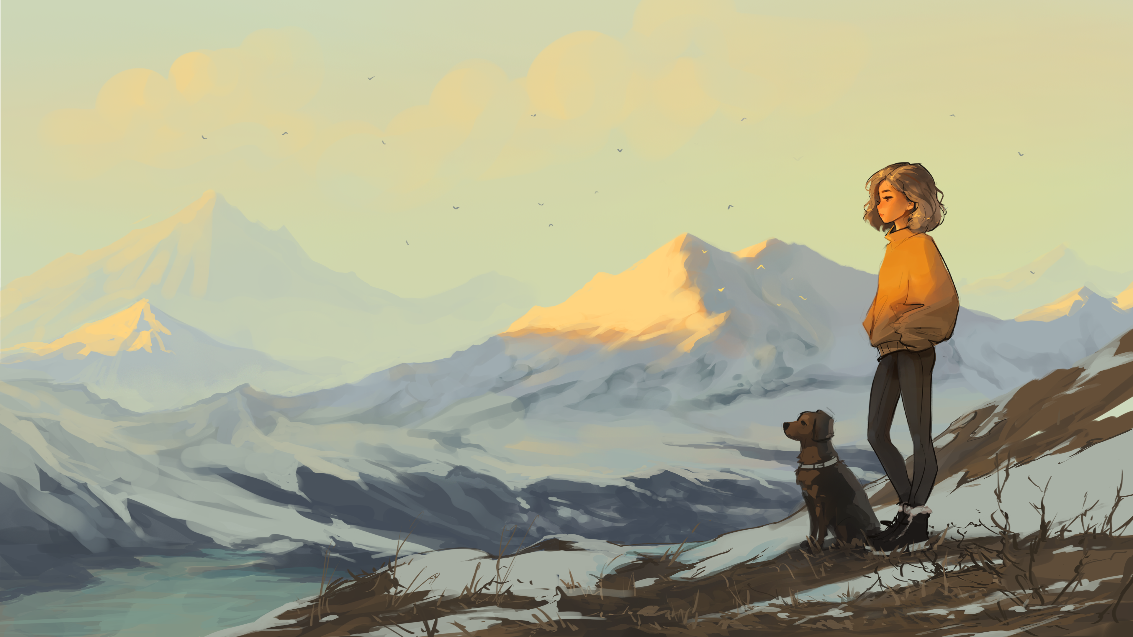 Free download Female AI Art Illustration Snow Mountain Landscape Dog Animal Nature Sunshine Birds 4K Wallpaper, Wallpaper(s) website provided.