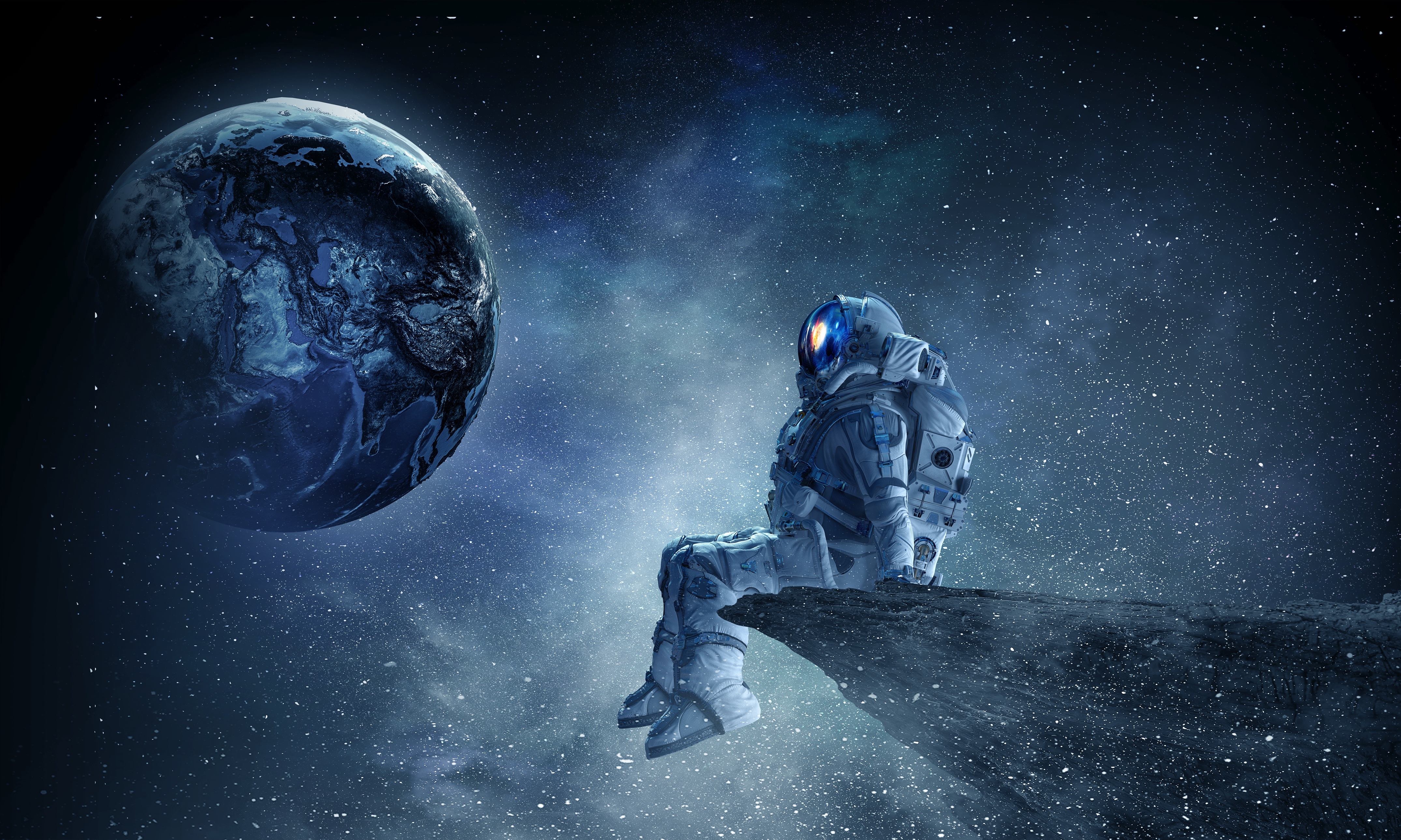 Free download Astronaut sitting universe space illustration planet space suit earth cliff reflection stars fantasy art 4K wallpaper, Wallpaper(s) website provided.