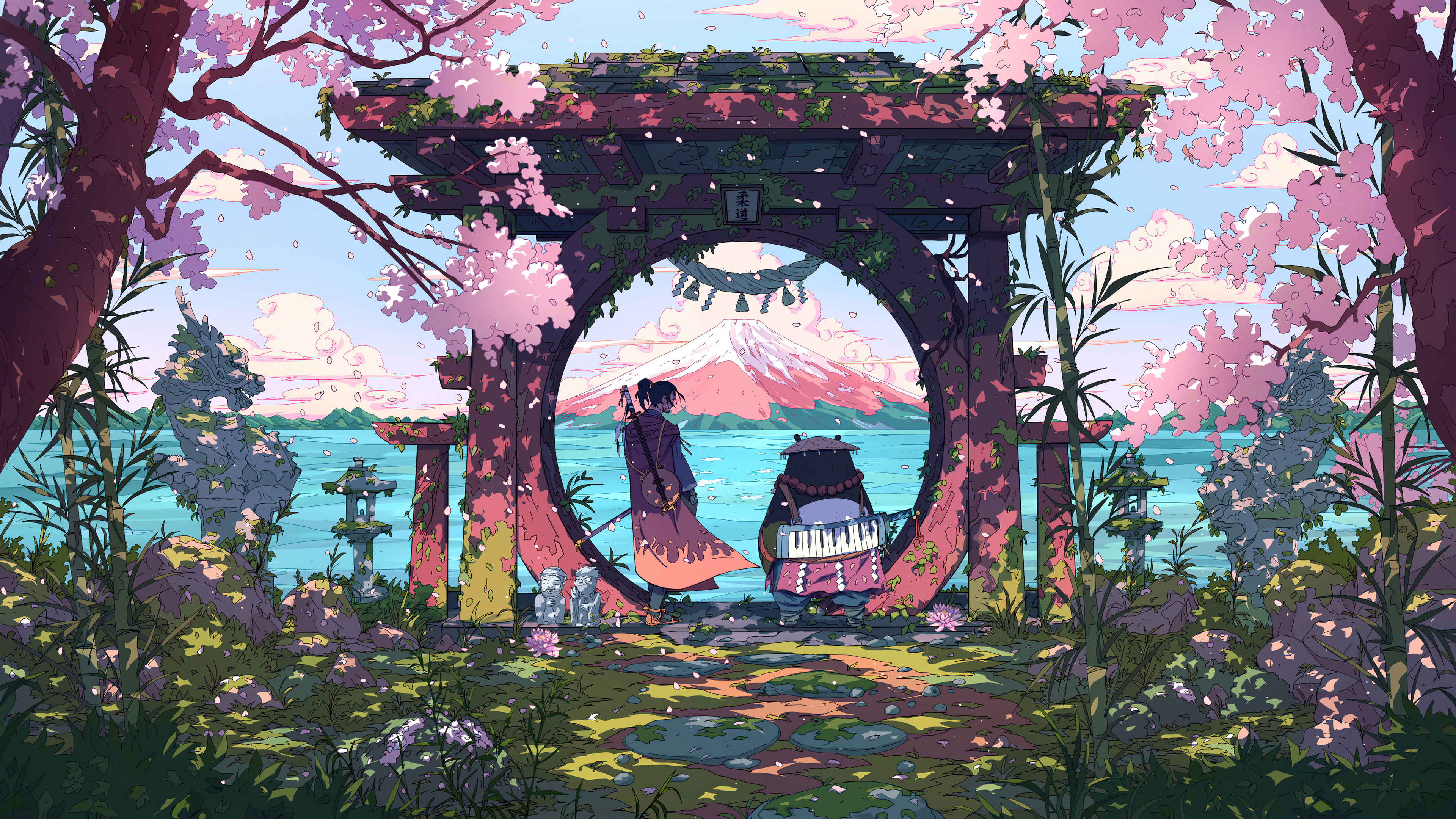 Free download AI art cherry blossom trees forest cloud panda cherry blossom petal gate plants mountains river sky sword grass swordsman bamboo statue 4K wallpaper, Wallpaper(s) website provided.