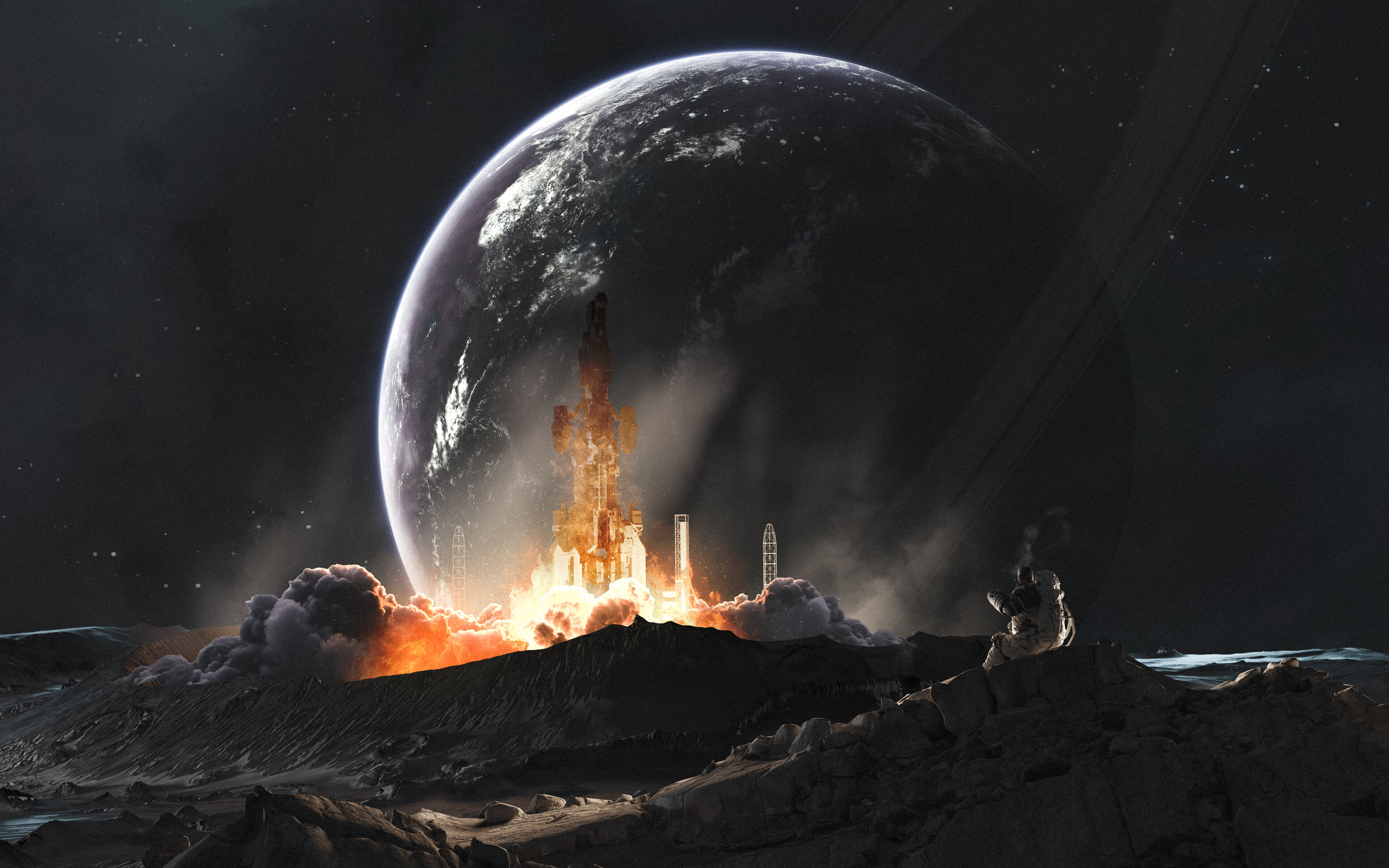 Free download Astronaut Digital Art Artwork Illustrations Space Science Fiction Novel Planet Rock Smoke Universe Spaceship 4K Wallpaper, Wallpaper(s) website provided.