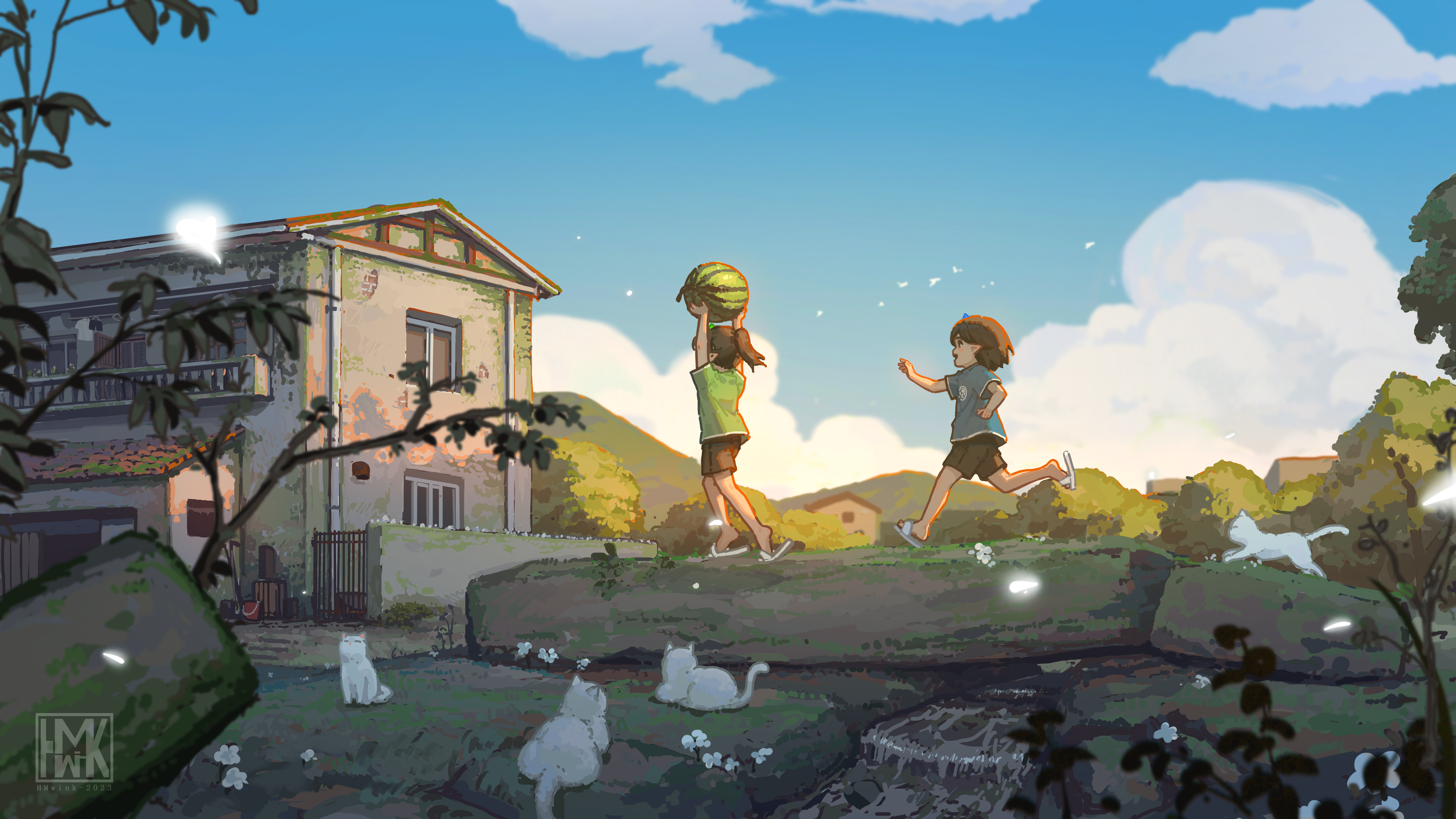 Free download Anime Girl AI Art Watermelon Sky Cloud Run Cat Animal Branch Leaves Beast Ears Architecture Cloud 4K Wallpaper, Wallpaper(s) website provided.