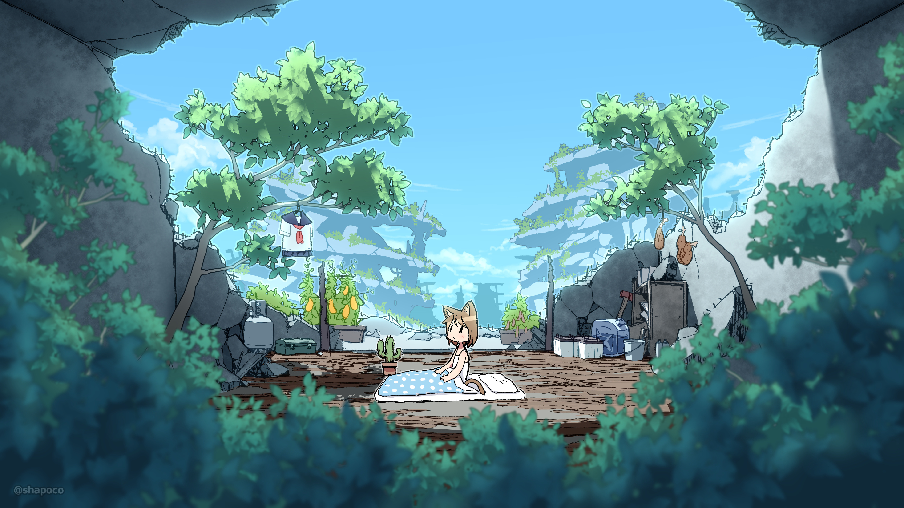 Free download bangs short hair anime girl illustration sky cloud nature sleep animal ear tail sailor uniform broken wall battery wide screen plant tree landscape cactus 4K wallpaper, Wallpaper(s)