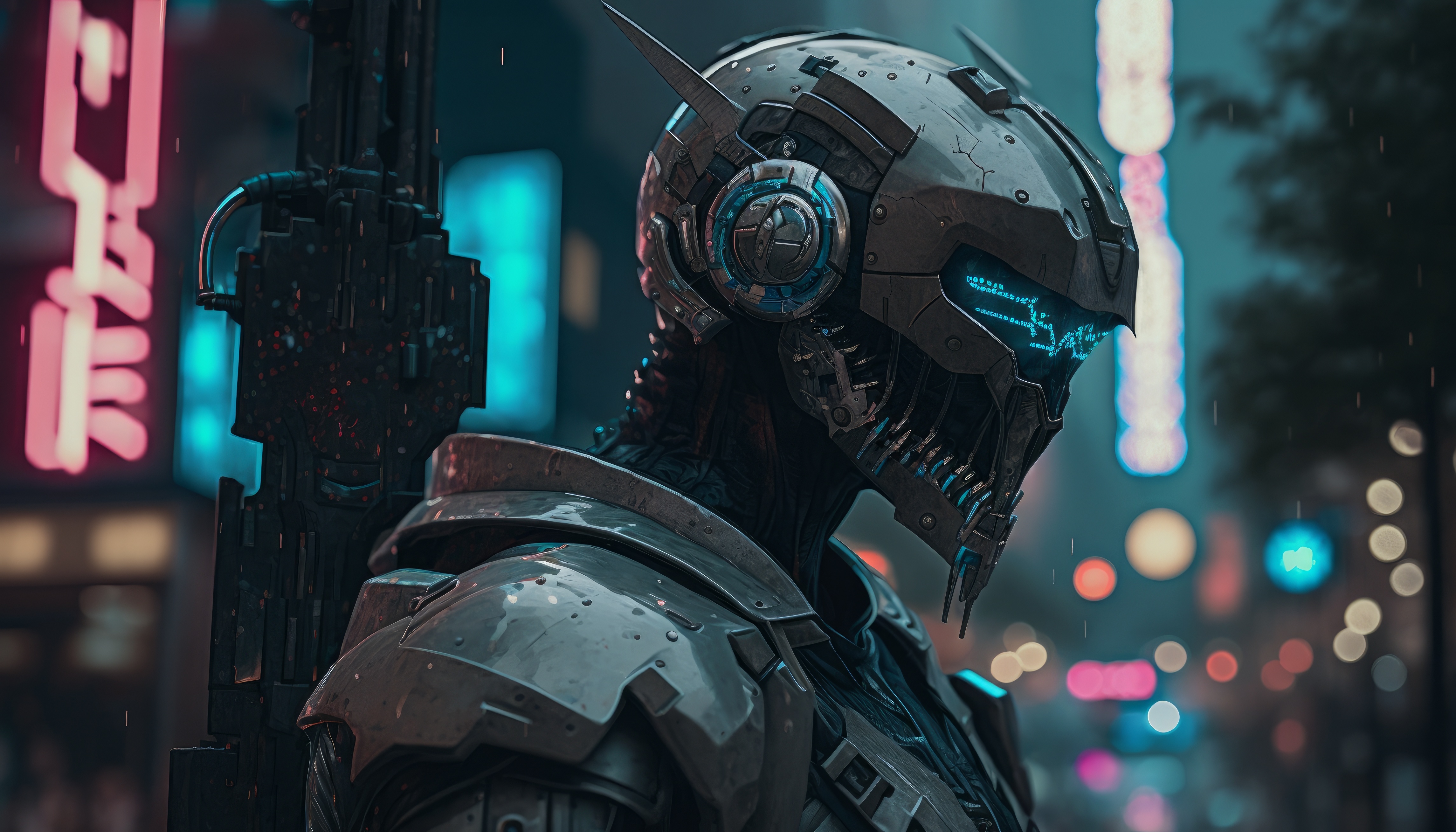 Free download Art City Night City Lights Neon Cyberpunk Helmet Science Fiction Futurism Computer Wallpaper 4K Wallpaper, Wallpaper(s) website provided.