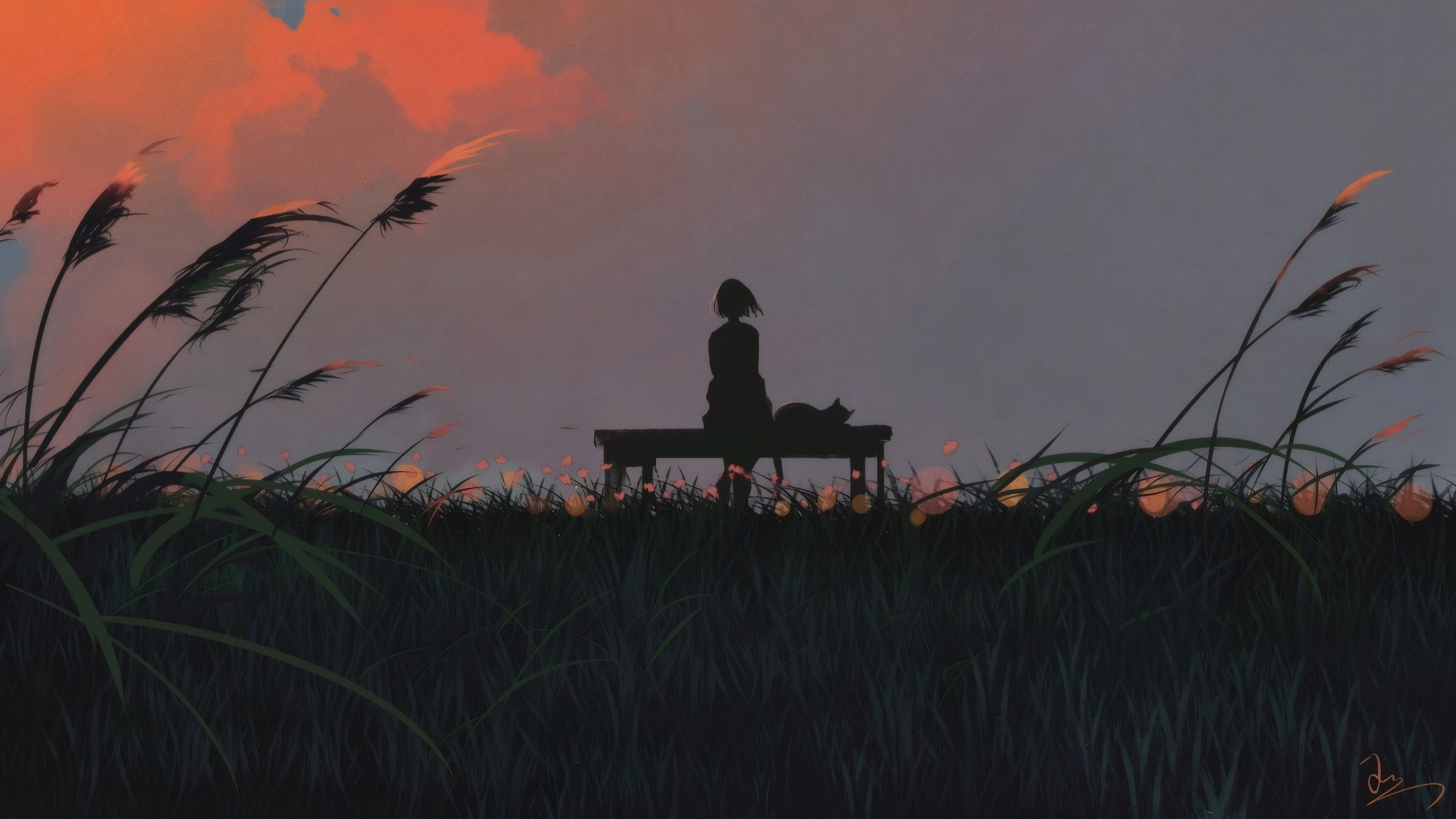 Free download Sit grass cat cloud digital art sunset sky burning clouds silhouette evening beauty healing 4K wallpaper, Wallpaper(s) website provided.