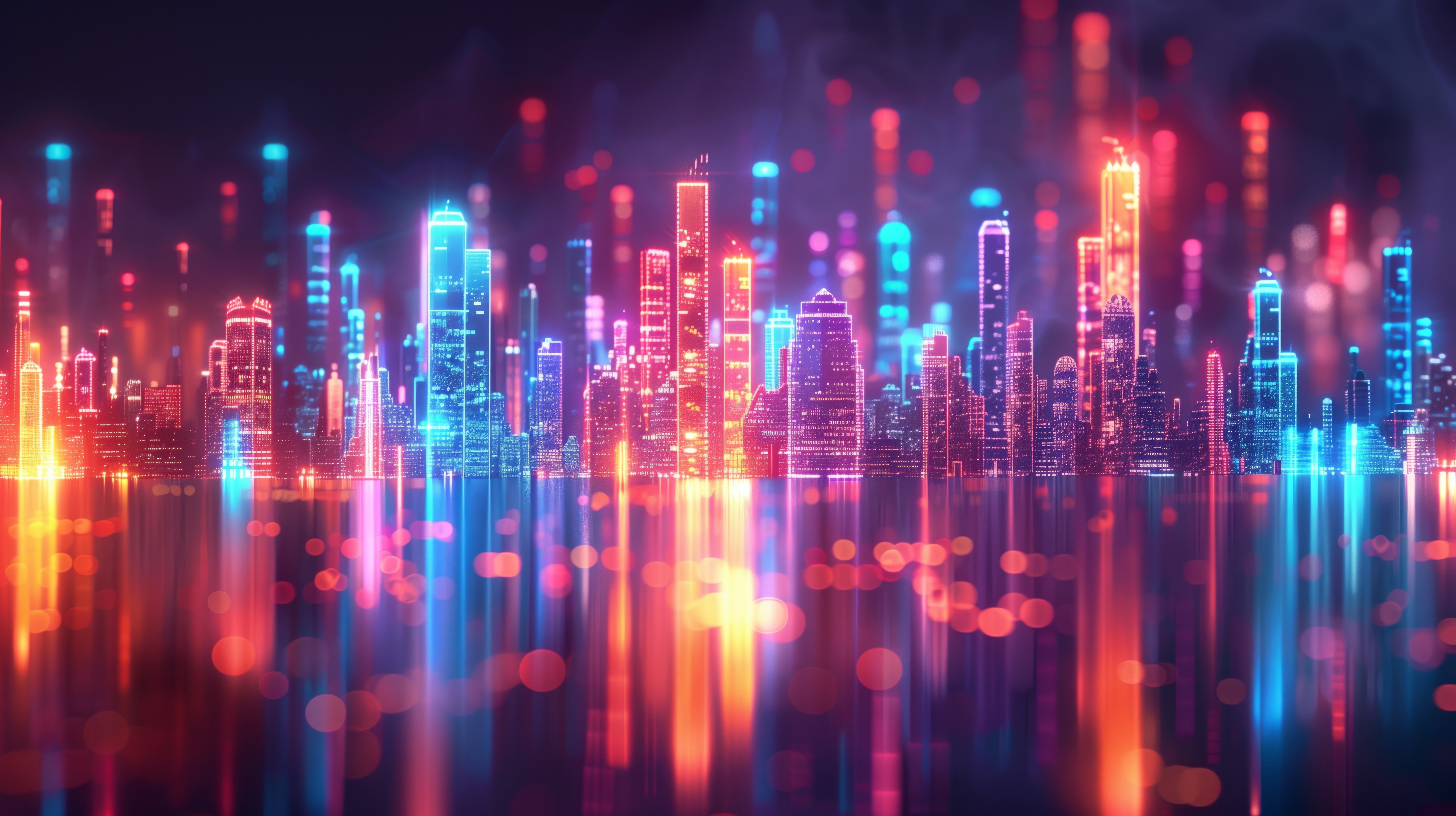 Free download Artificial Intelligence Art Colorful Skyline Reflection Bokeh Depth of Field Skyscraper Illustration Computer Stickers 4K Stickers, Wallpaper(s) website provided.
