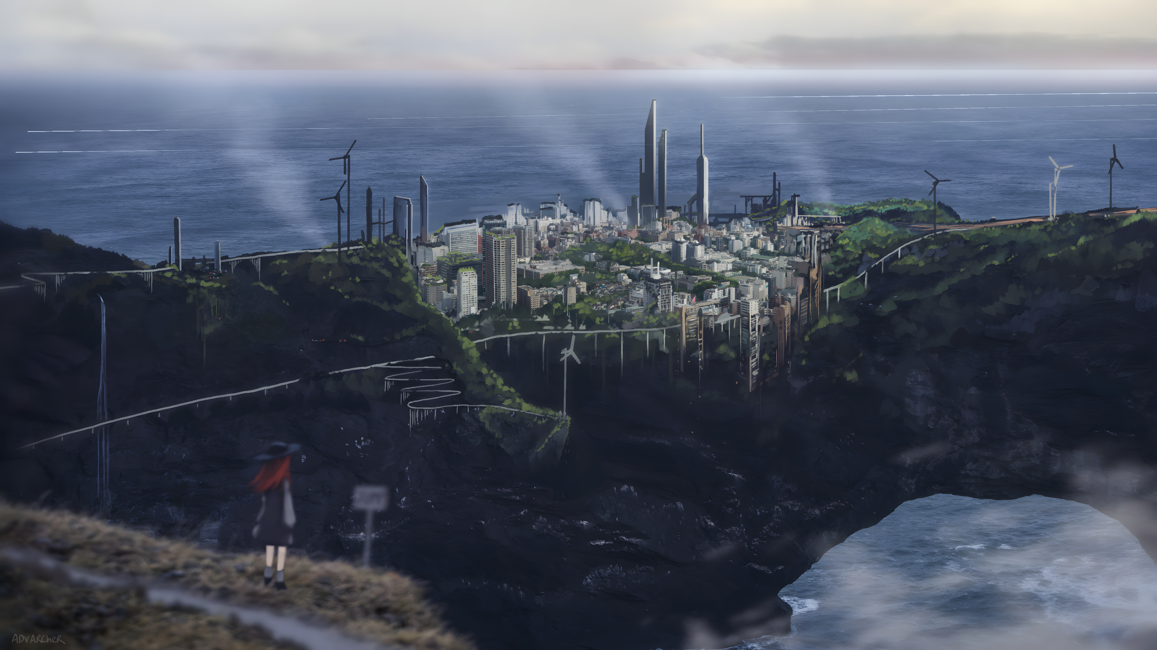 Free download Digital art artwork sea skyscraper wind turbine cliff city landscape computer wallpaper 4K wallpaper, Wallpaper(s) website provided.