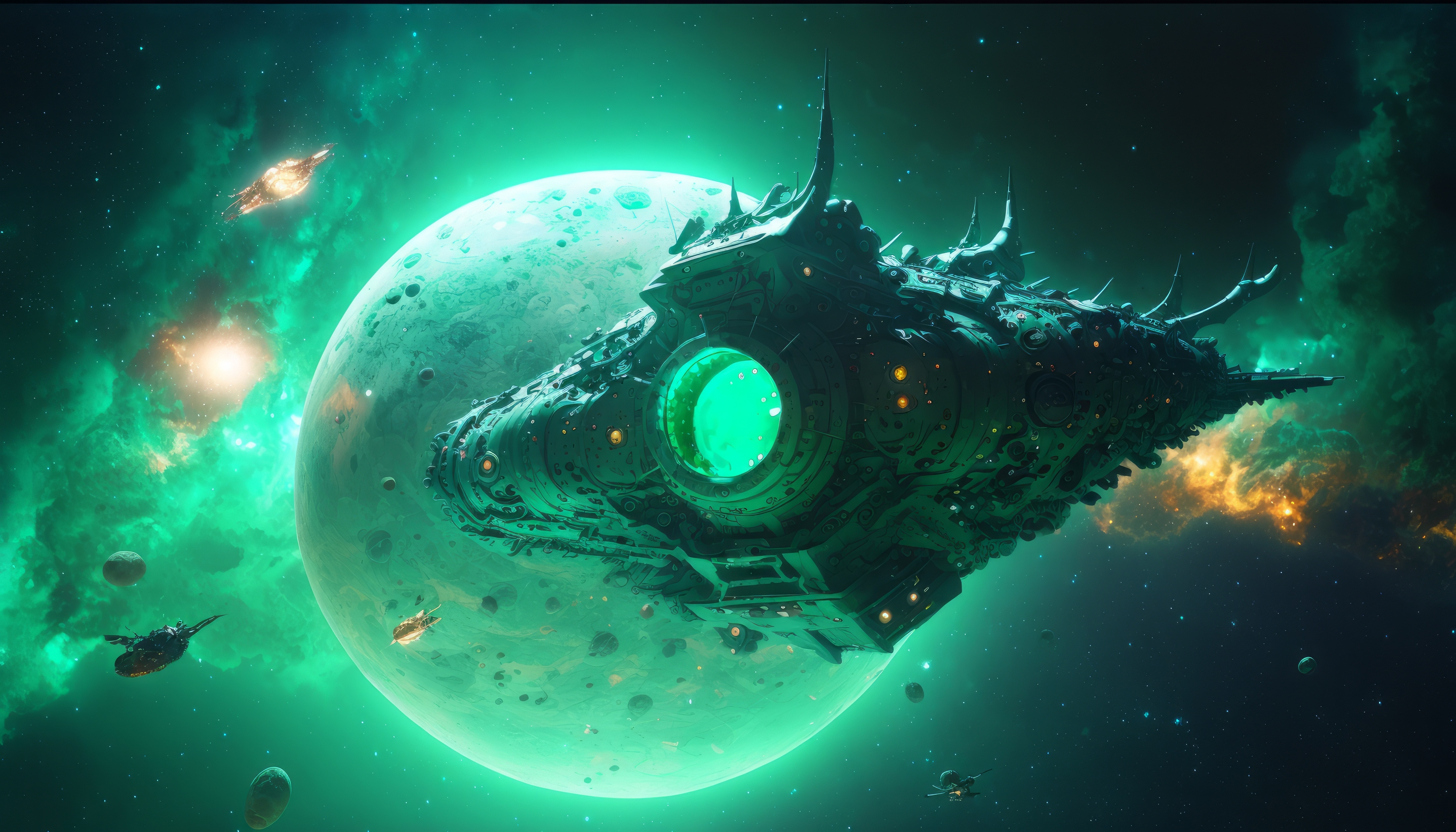 Free download Art Illustrations Planet Spaceship Turquoise Space Future Computer Wallpaper 4K Wallpaper, Wallpaper(s) website provided.